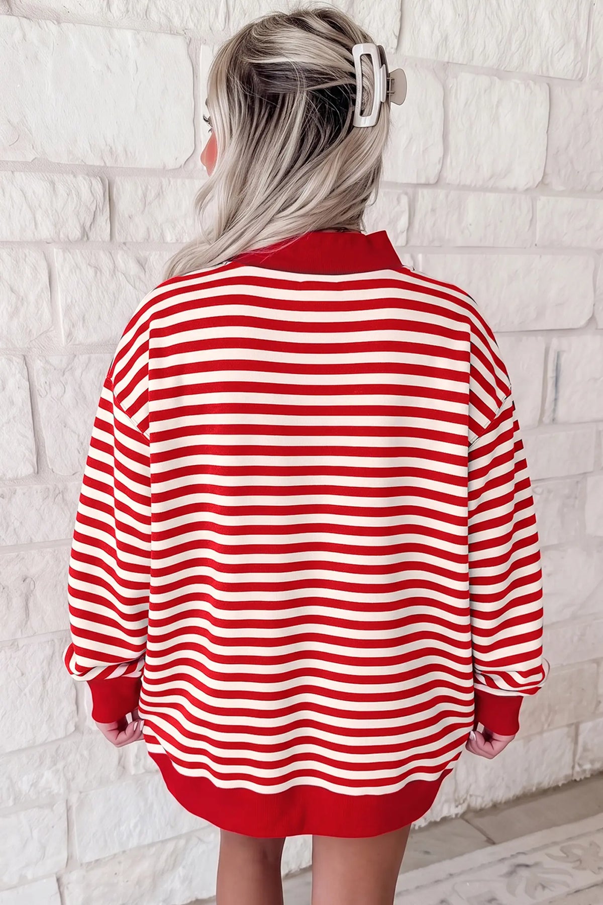 Red Stripe Plus Size MERRY Festive Letter Embroidery Patched Graphic Pullover Sweatshirt