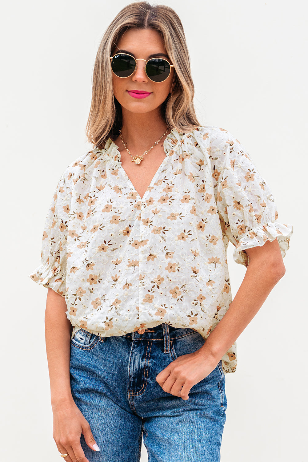 White Floral Eyelet Embroidered Puff Sleeve Notch V Neck Blouse eAura