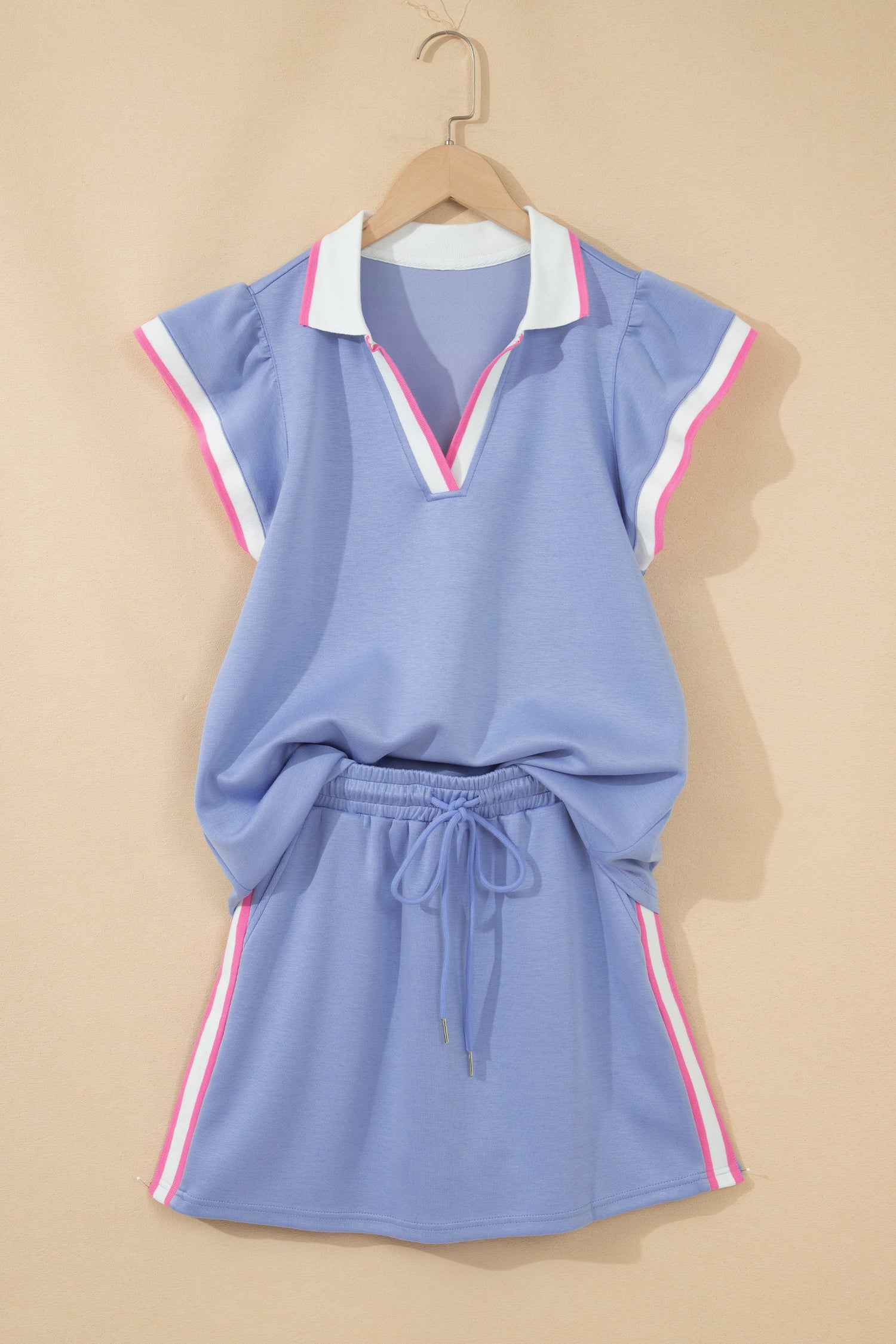 Sky Blue Preppy Striped Trim V Neck Polo Tee Drawstring Skort Set – Light Blue