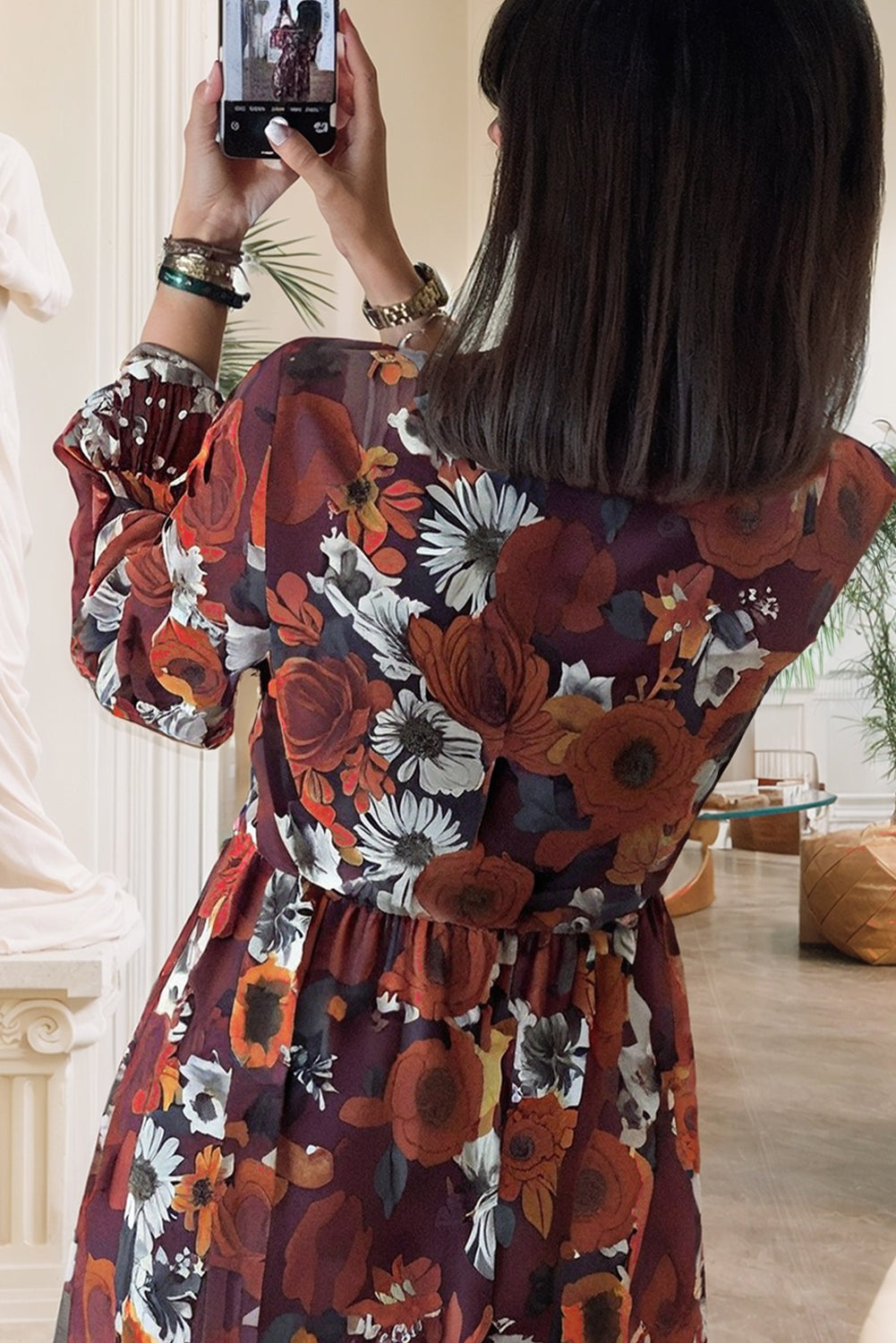 Floral Print Wrap V-Neck Puff Sleeve Flowy Mini Dress - eAura