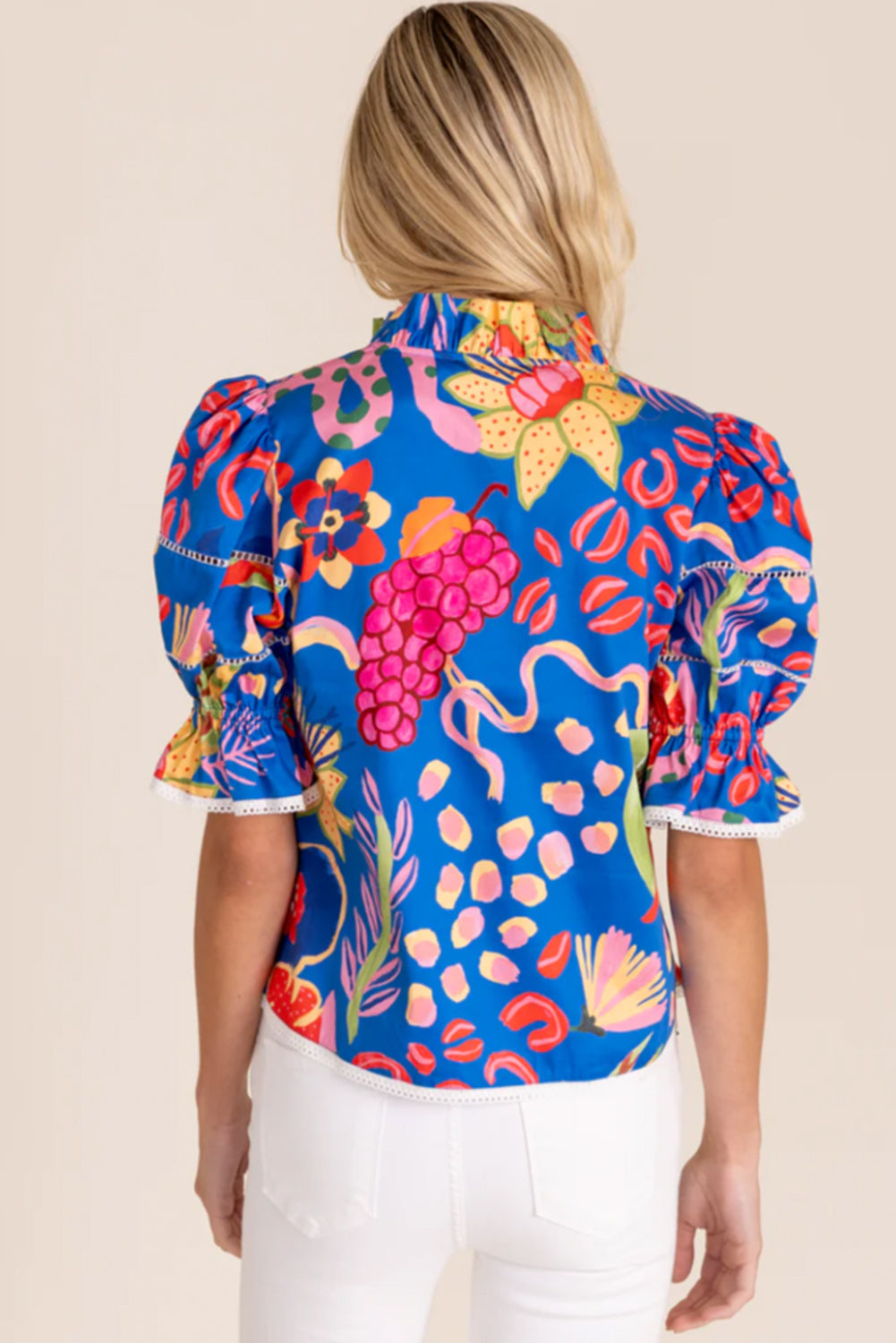 Blue Abstract Print Frilled Collar Ruffled Puff Short Sleeve Top eAura