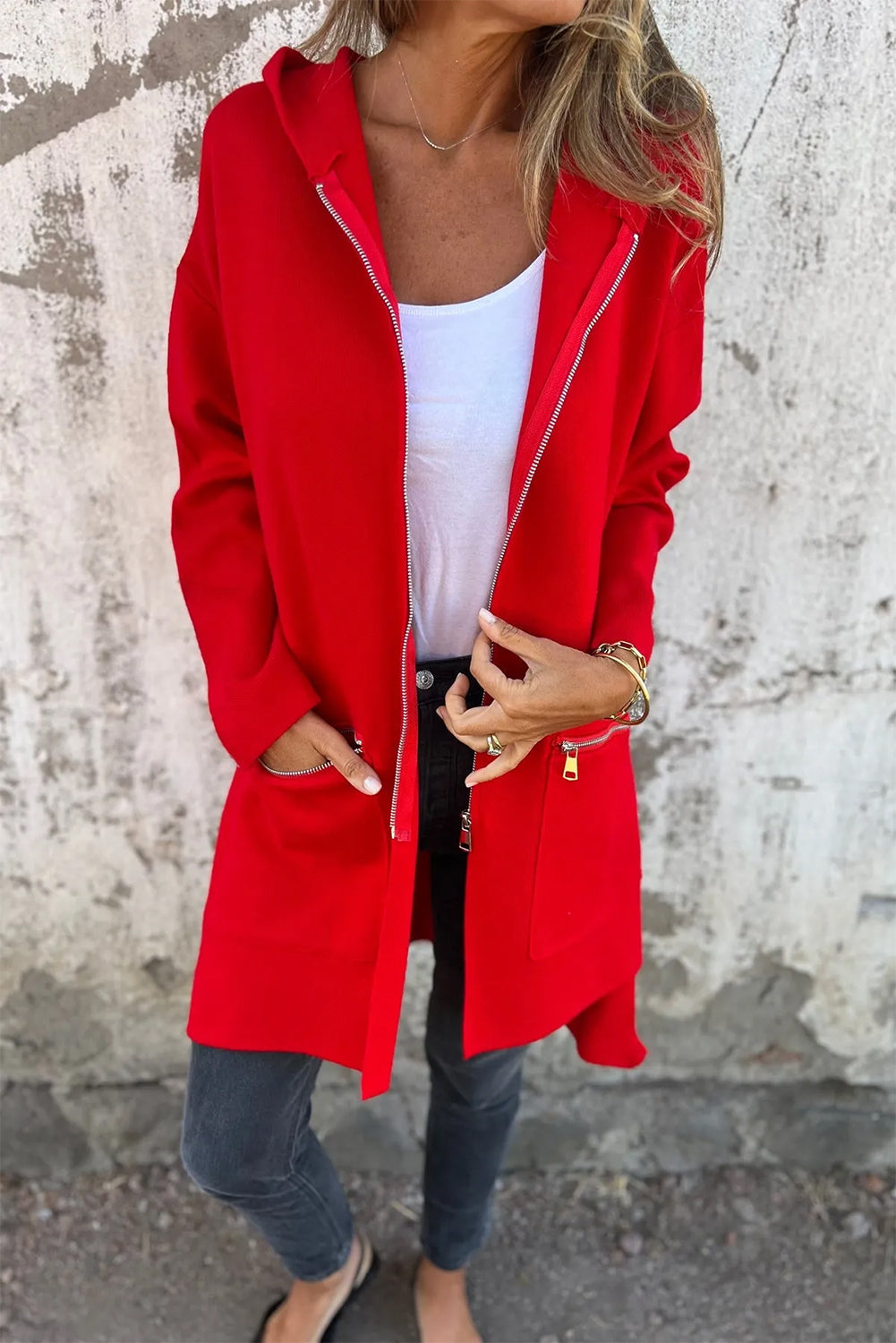 Fiery Red Solid Color Casual Zip up Hooded Coat BB Fashion Outlet