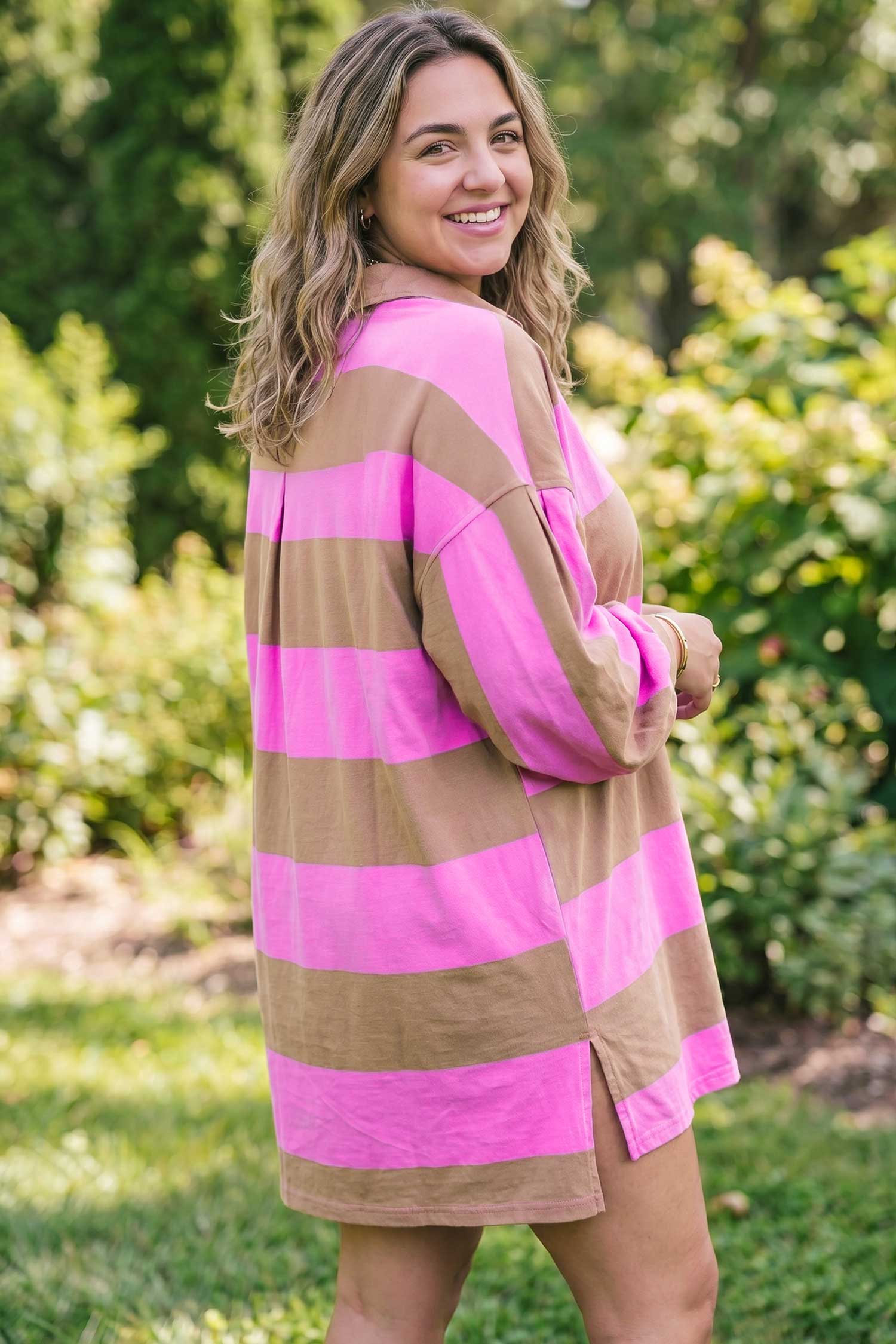 Striped Colorblock Long Sleeve V Neck Shift Plus Size Dress – Rose Stripe