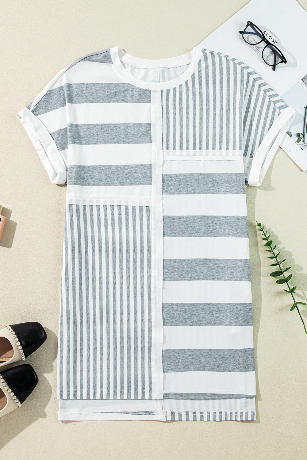 Grey Stripe Mixed Printed Short Sleeve Shift Mini T Shirt Dress eAura