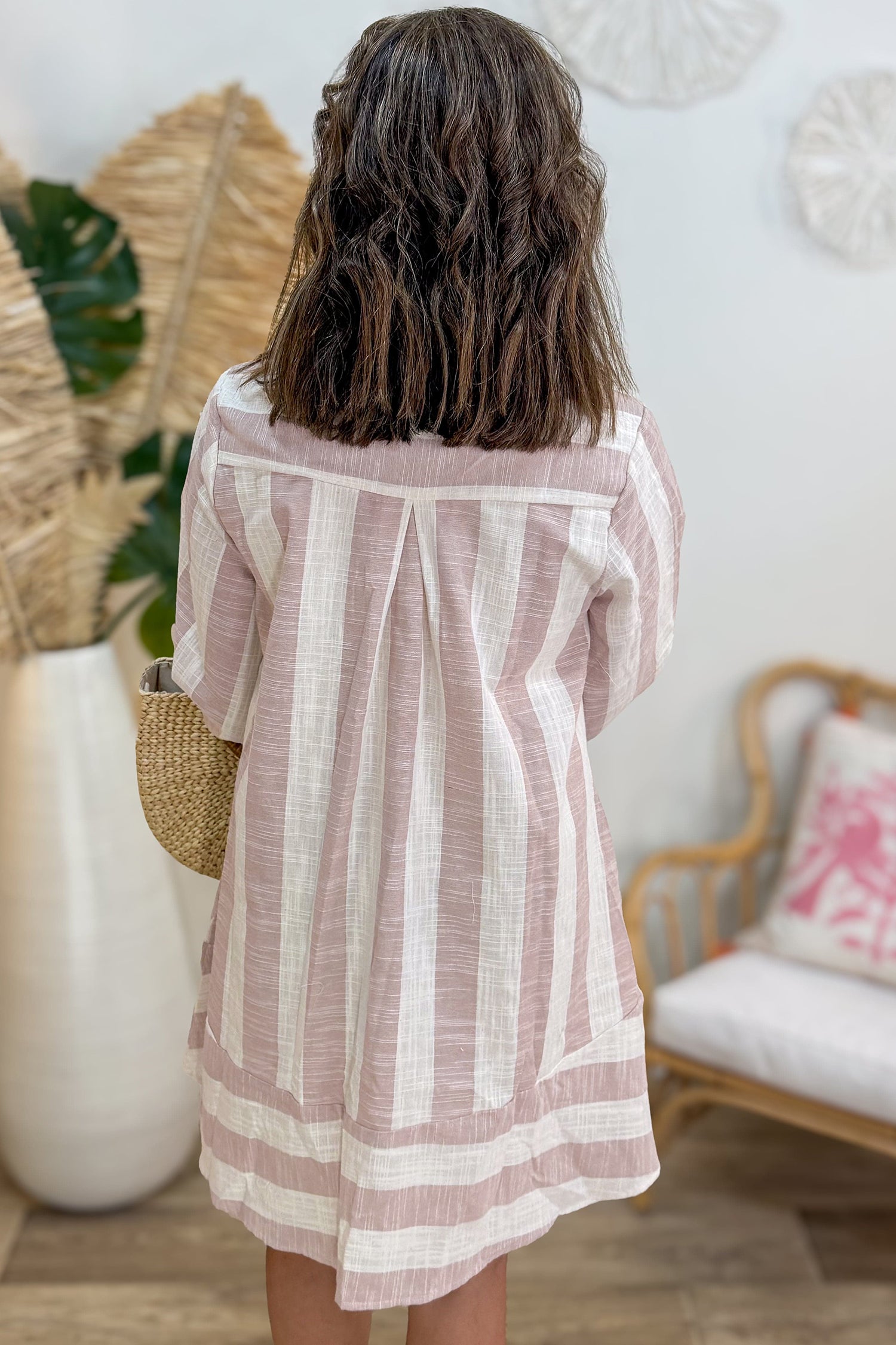 Striped Button-Up Three-Quarter Sleeve Short Shift Dress – Khaki Stripe