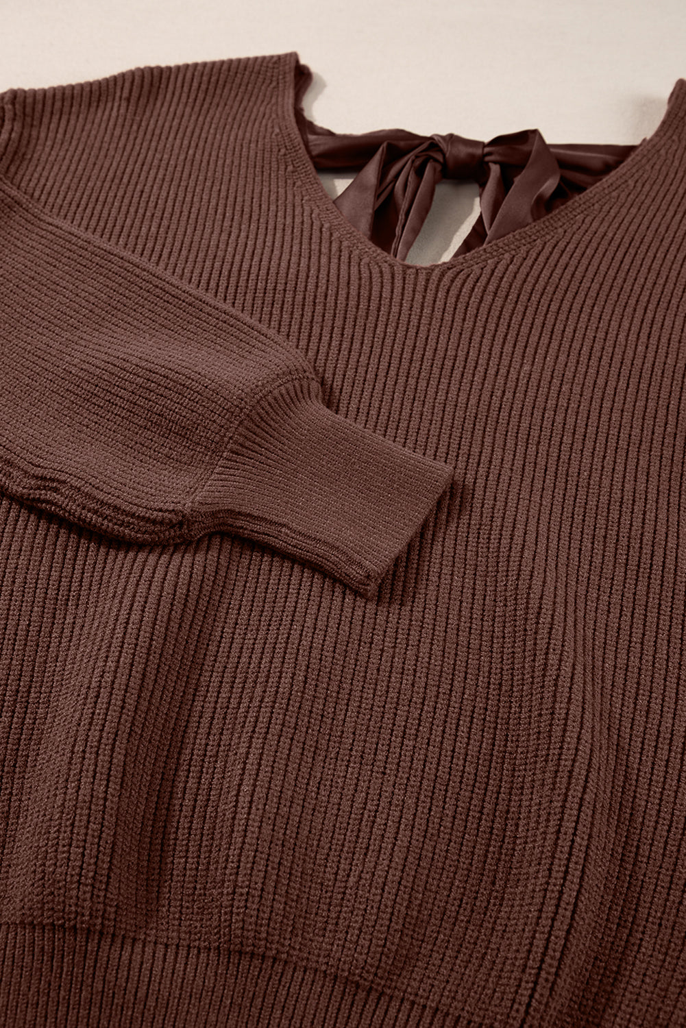 Coffee Lantern Sleeve V Neck Knot Back Sweater eAura