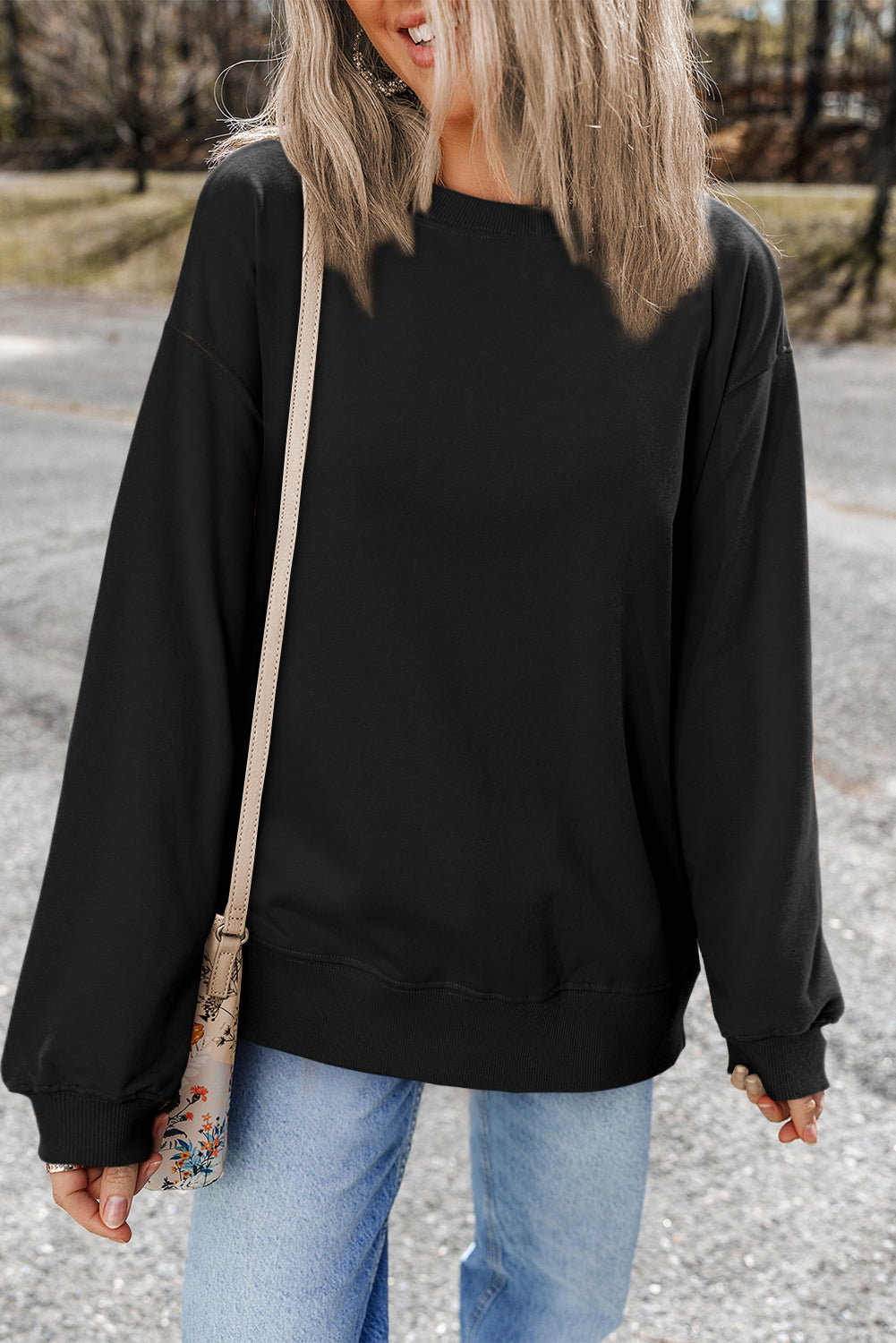 Black Plain Drop Shoulder Crewneck Pullover Sweatshirt eAura