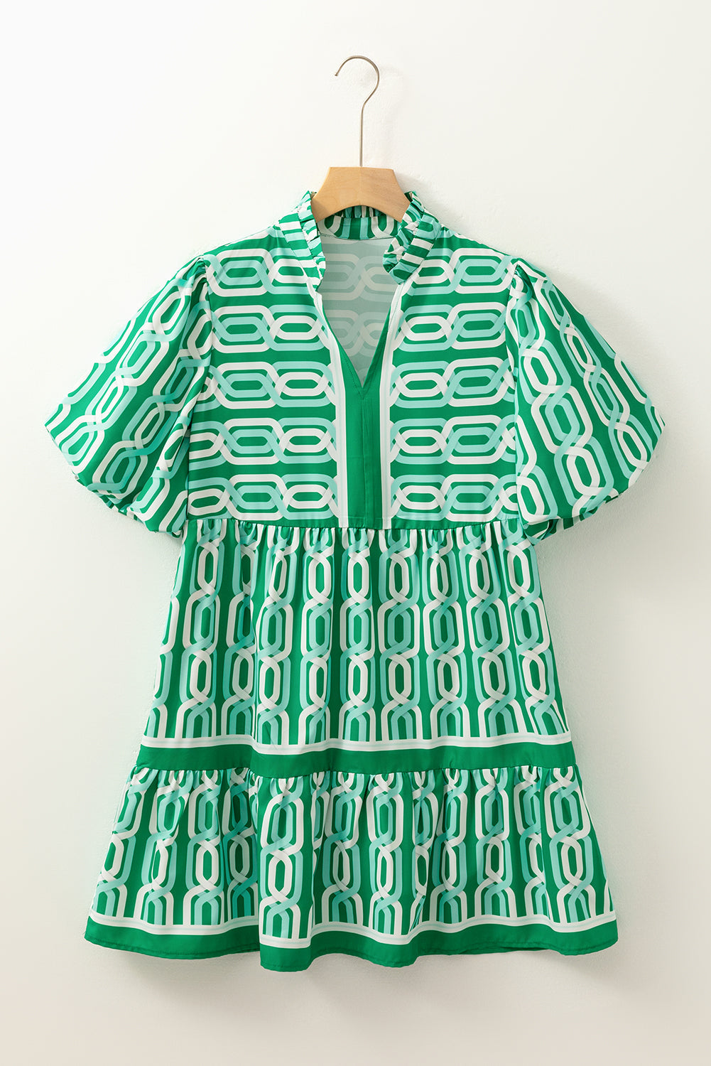 Bright Green Abstract Patterned V Neck Puff Short Sleeve Mini Dress eAura
