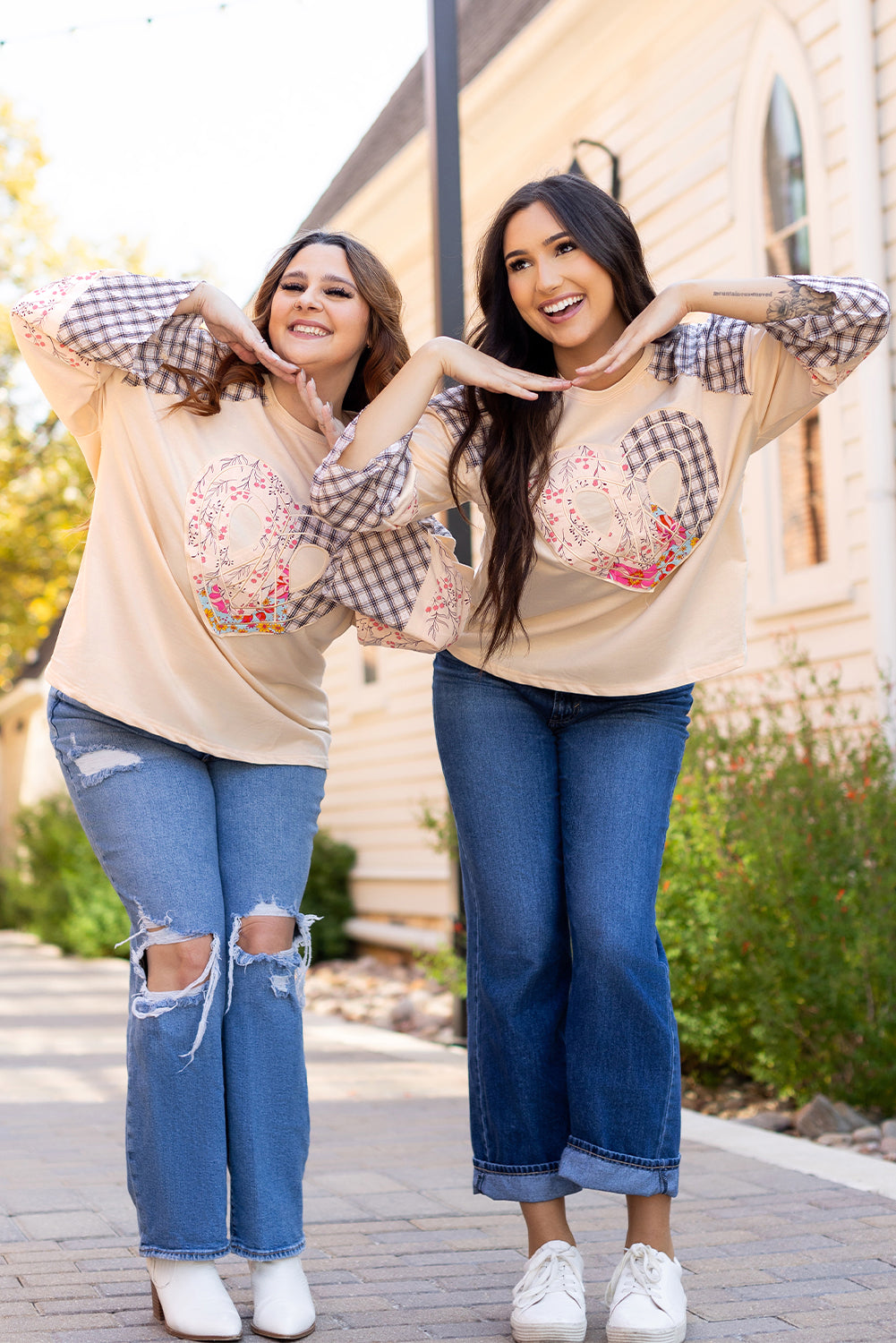 Clearly Aqua Plaid Floral Peace Heart Graphic Wide Long Sleeve Top Beagle Boutique Fashion Outlet