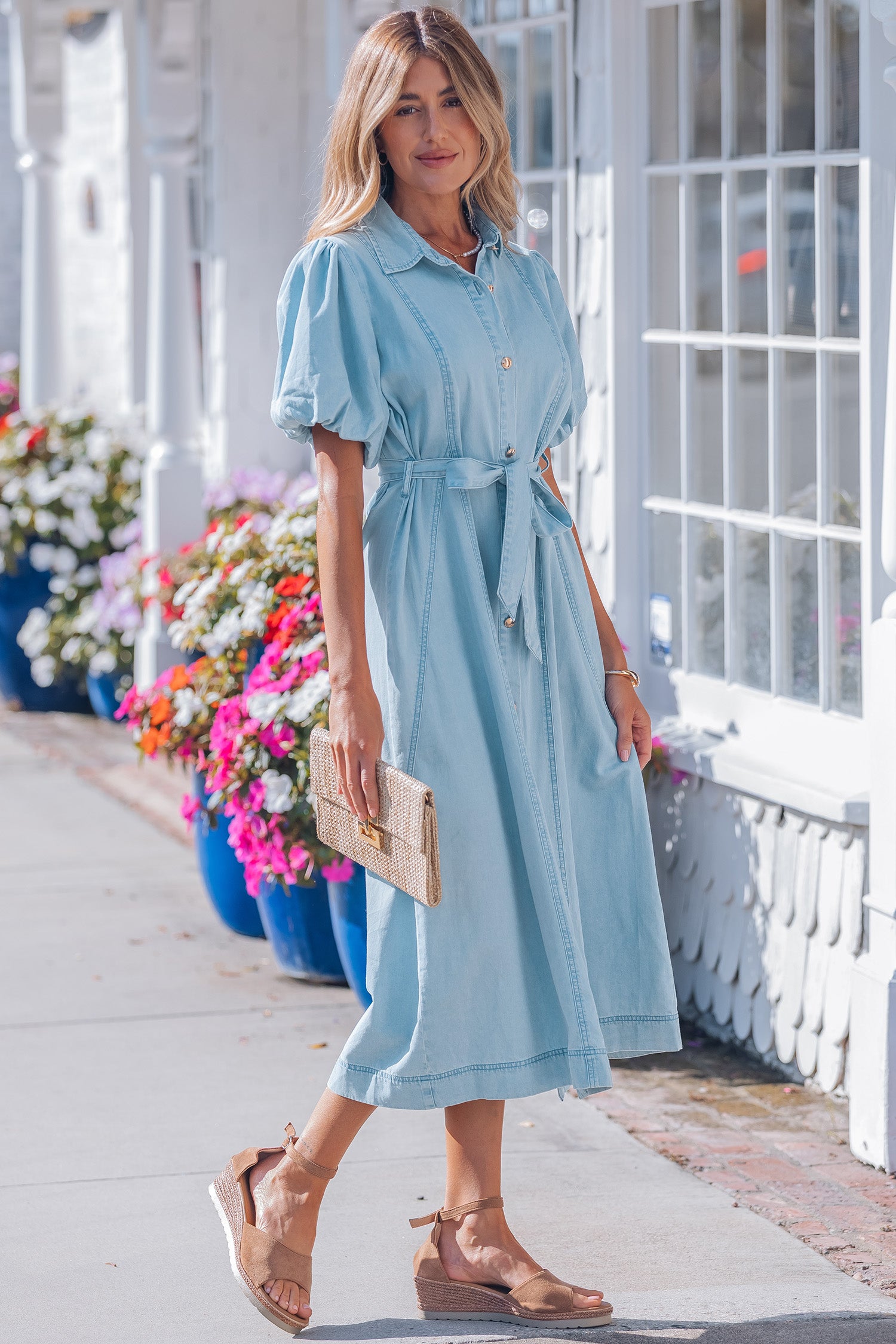 Full Button Collared Bubble Sleeve Long Denim Dress