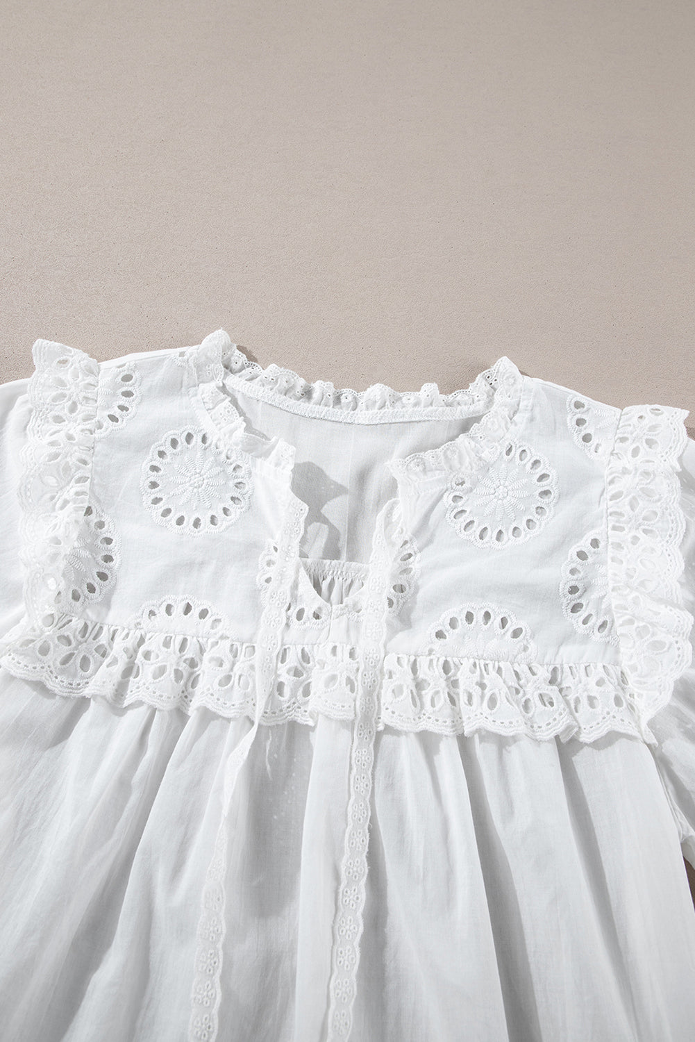 White Embroidered Lace Patchwork Tie Neck Puff Short Sleeve Blouse eAura