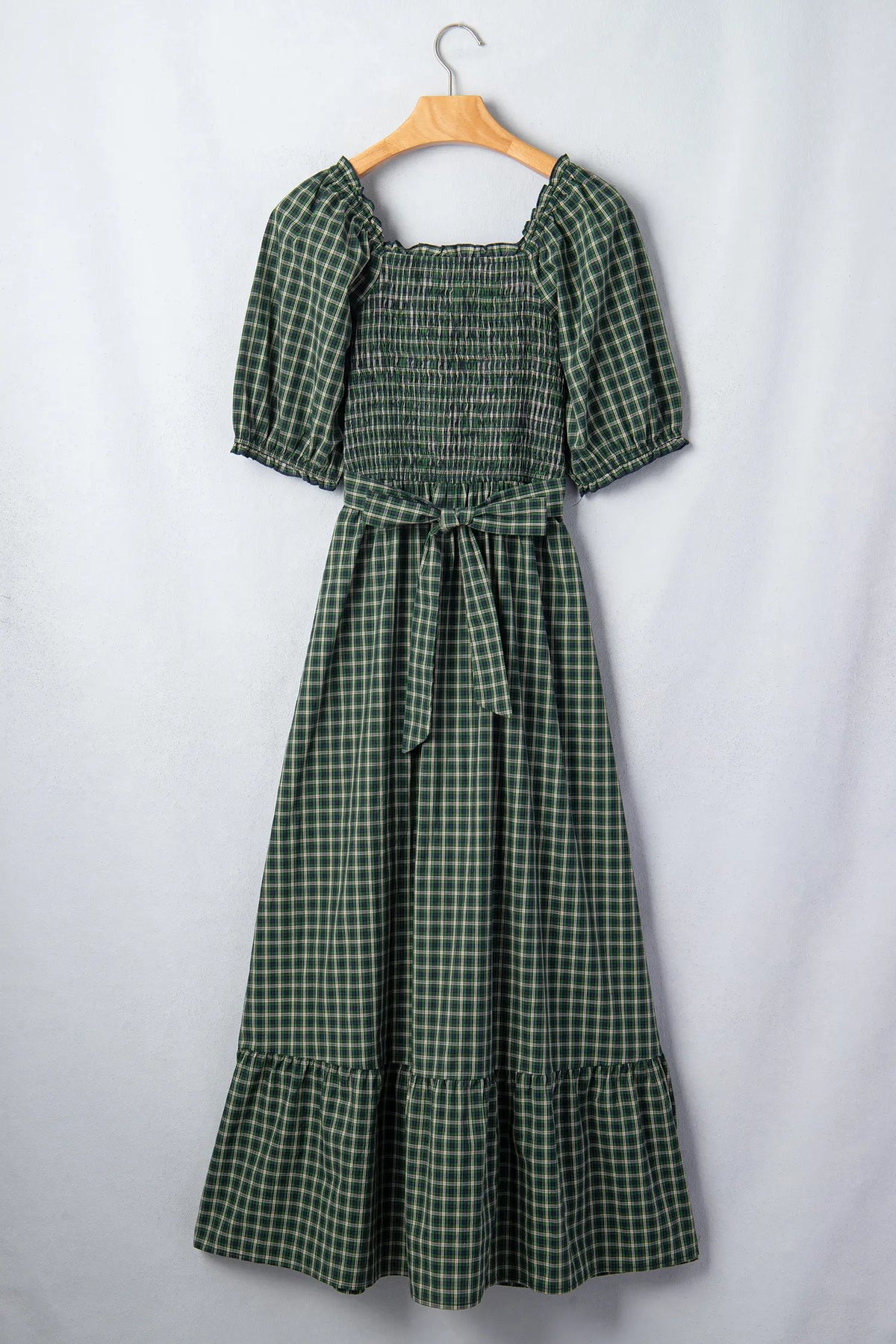 Plaid Square Neck Shirred High Waist Ruffle Hem Dress – Green