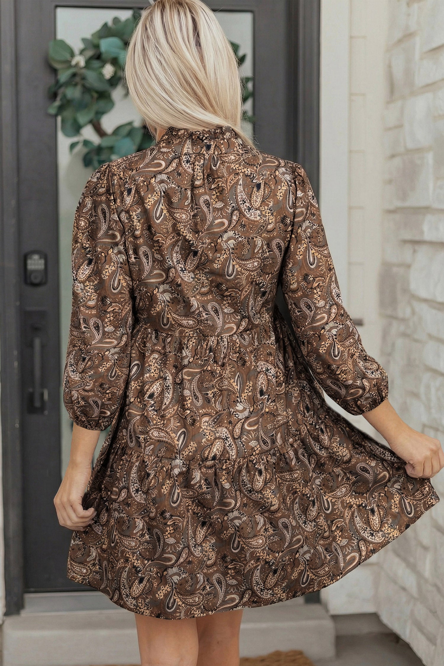 Paisley Print Half Buttons Puff Sleeve Flowy Short Dress