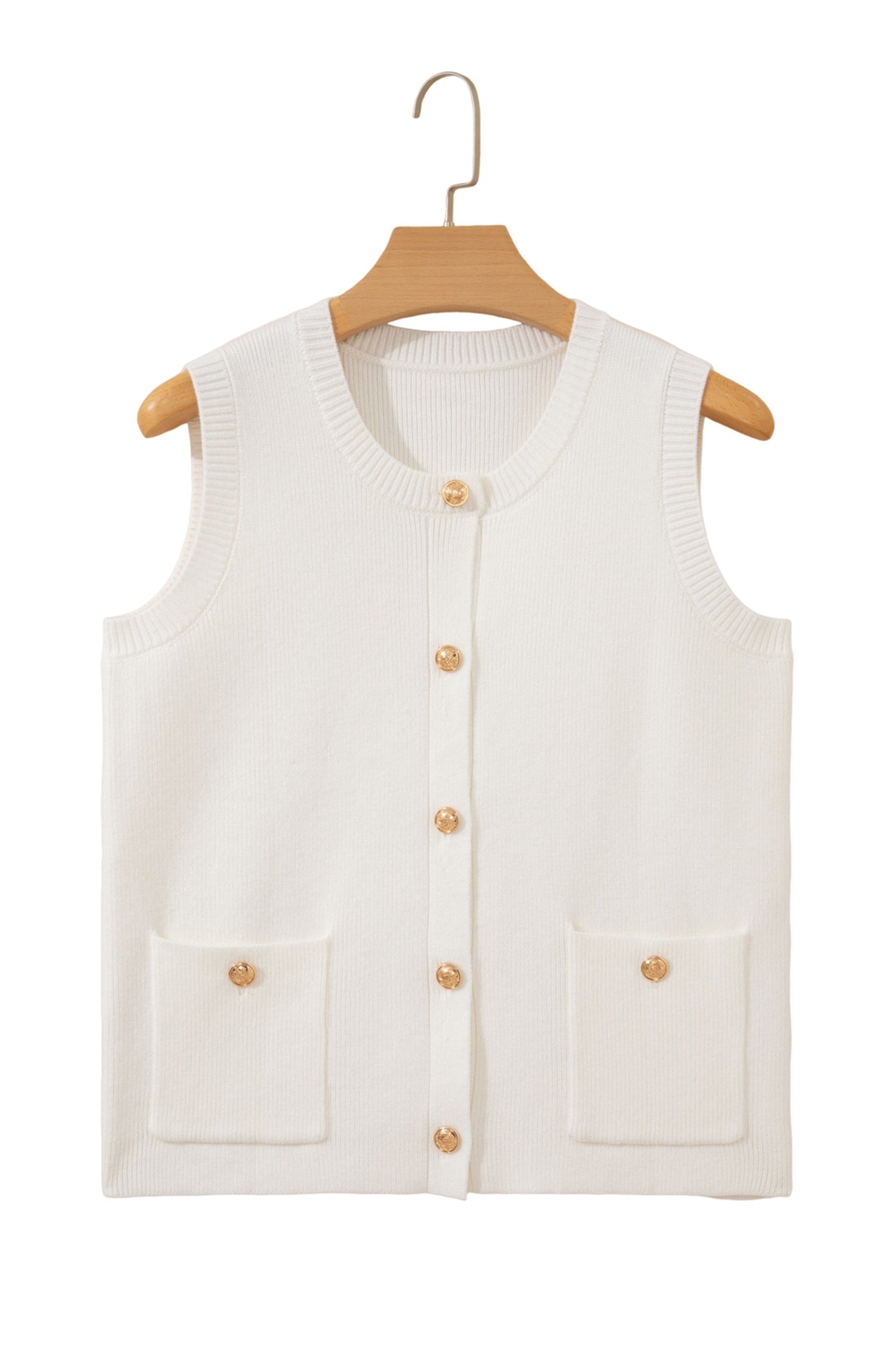 White Sleeveless Knit Button Pocketed Sweater