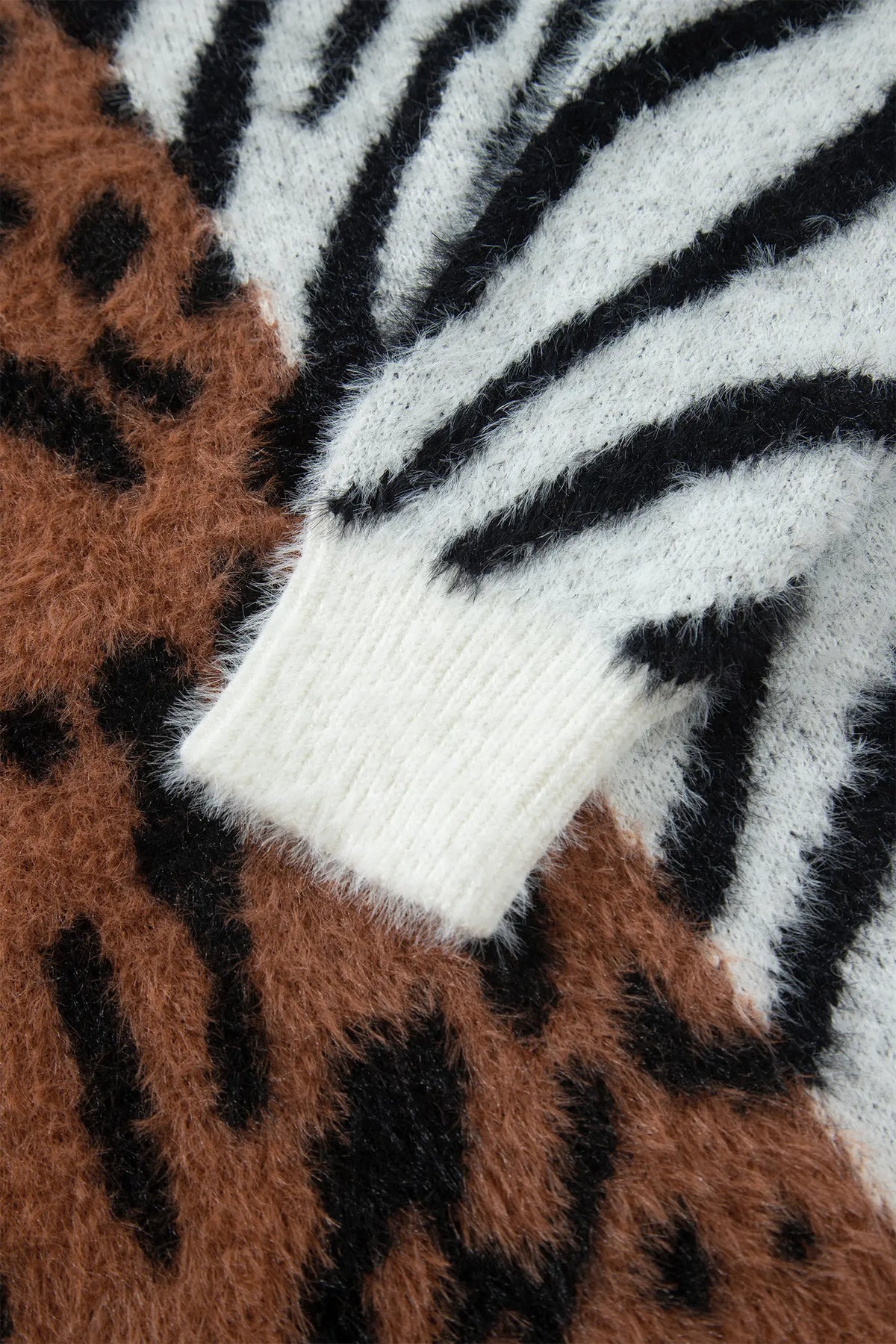 Western Leopard Zebra Print Long Sleeve Round Neck Sweater – Coffee