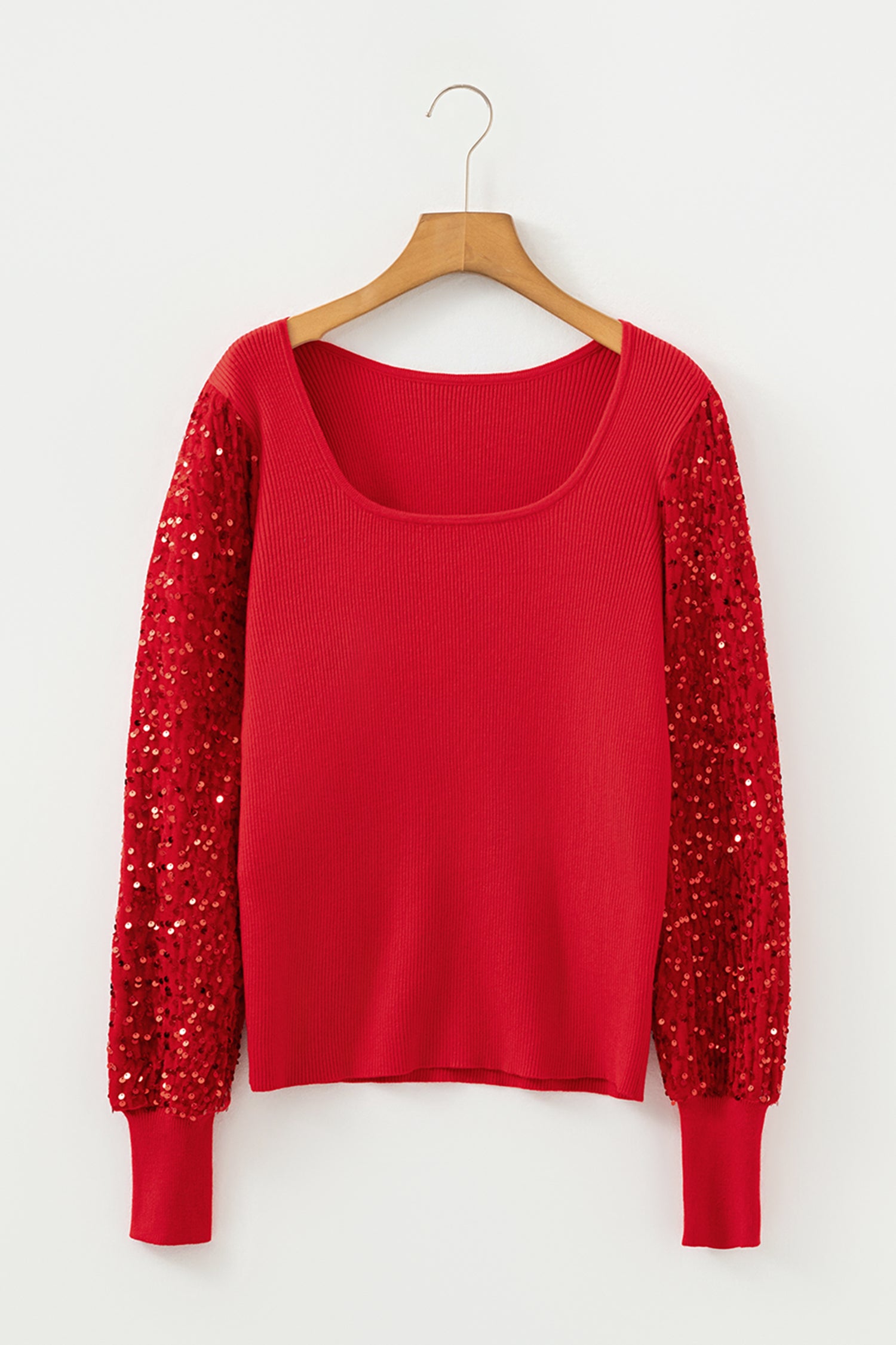 Sequin Sleeve Patchwork Rib Knit Square Neck Holiday Sweater
