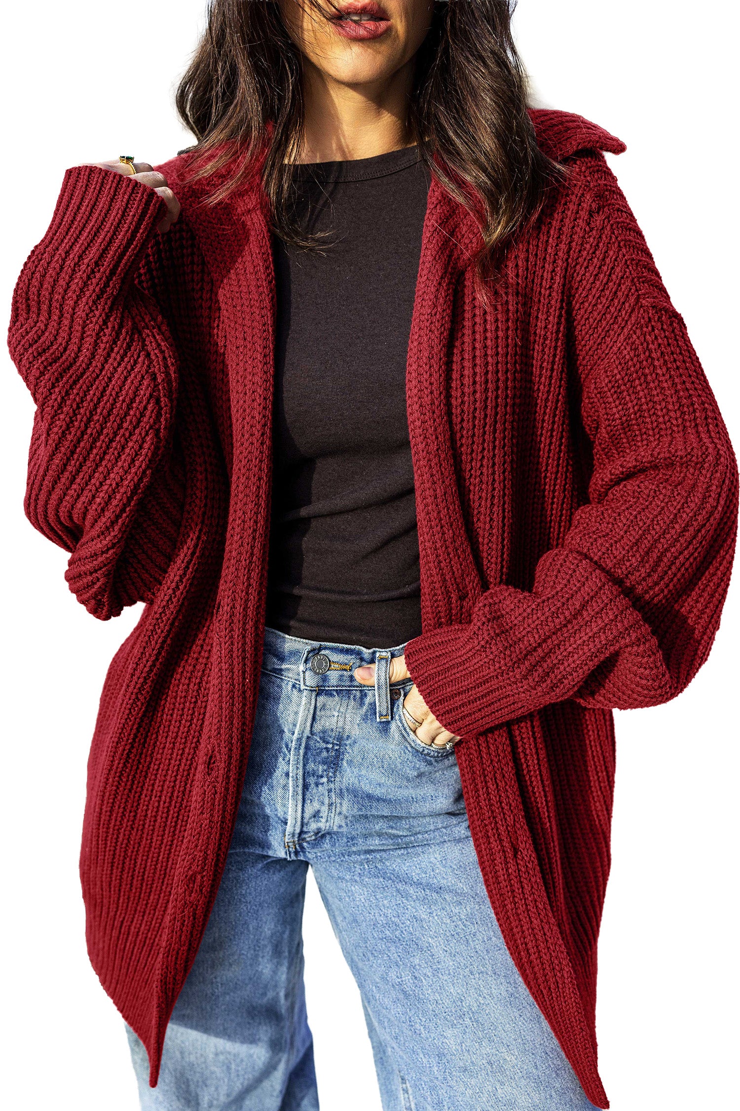 Red Dahlia Solid Color Knit Oversized Button Front Sweater Cardigan – Burgundy