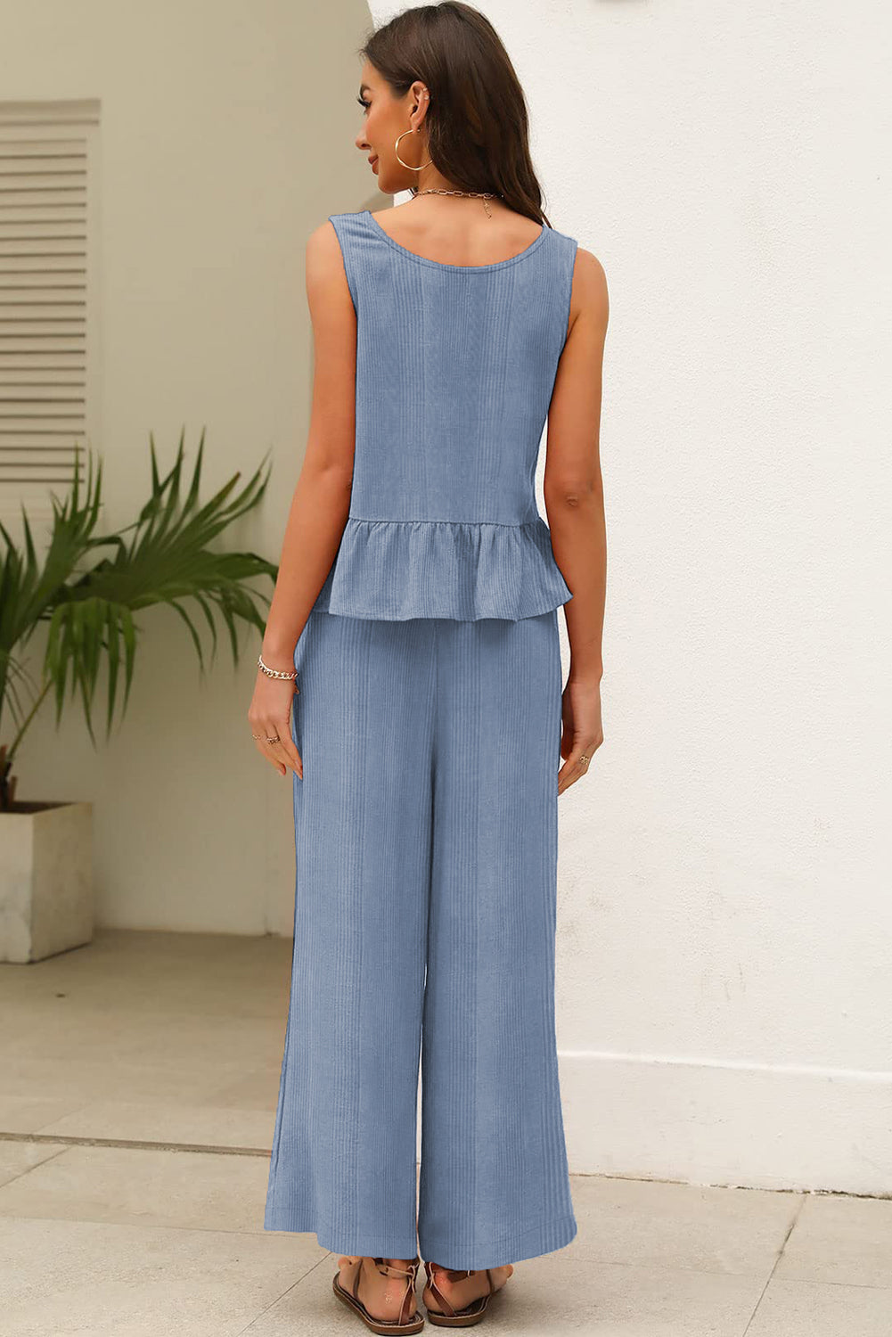 Beau Blue Ribbed Ruffle Tank Top and Trousers Set eAura