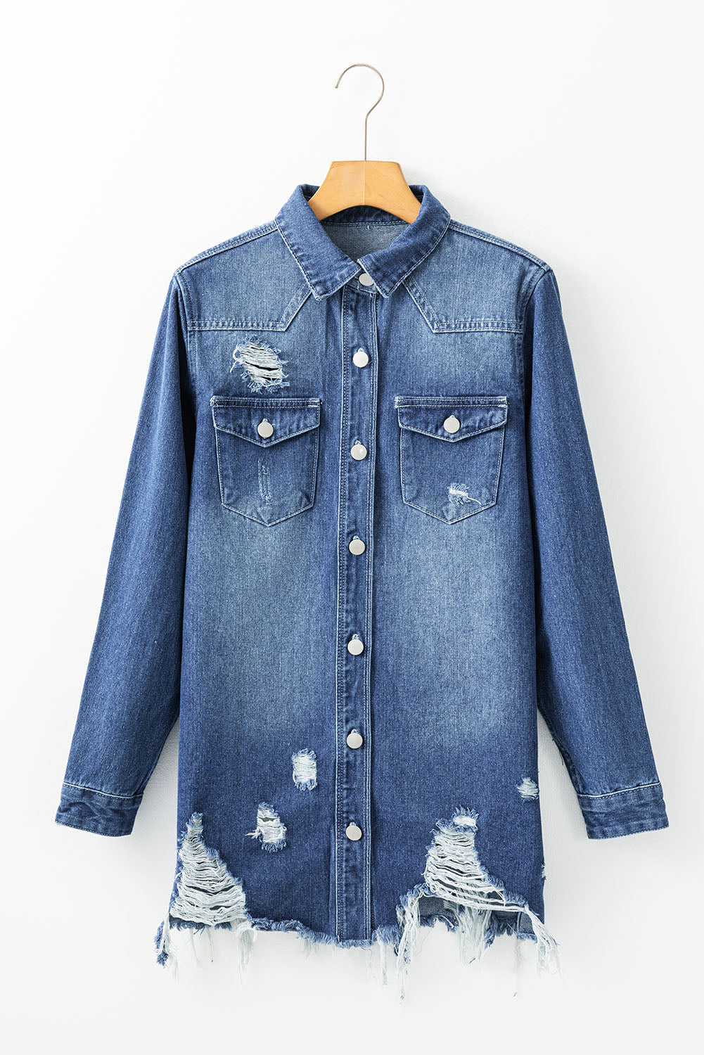 Sky Blue Light Wash Distressed Frayed Long Denim Jacket Beagle Boutique Fashion Outlet