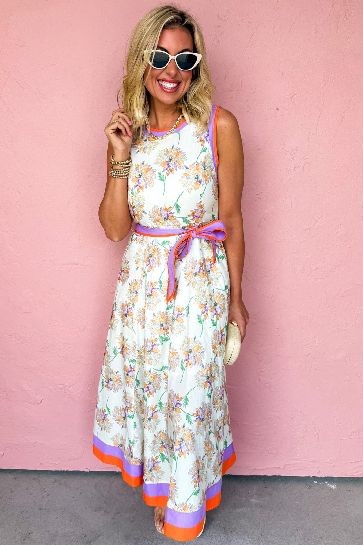 Floral Print Colour Block Trim Belted Sleeveless Maxi Dress