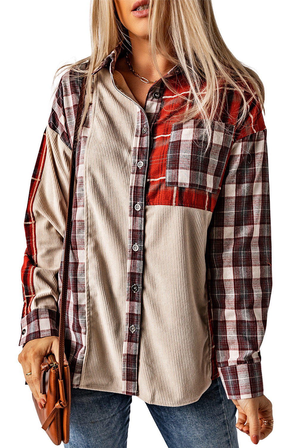 Plaid Corduroy Patchwork Shacket Beagle Boutique Fashion Outlet
