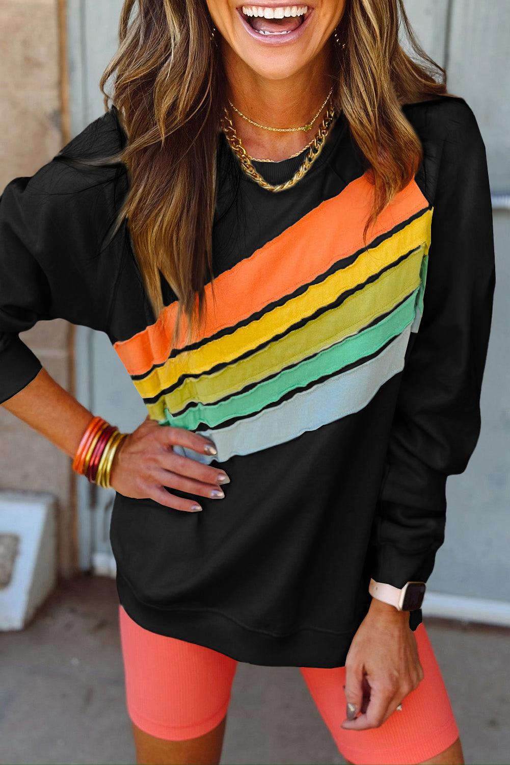 Black Rainbow Colourblock Striped Pullover Sweatshirt eAura