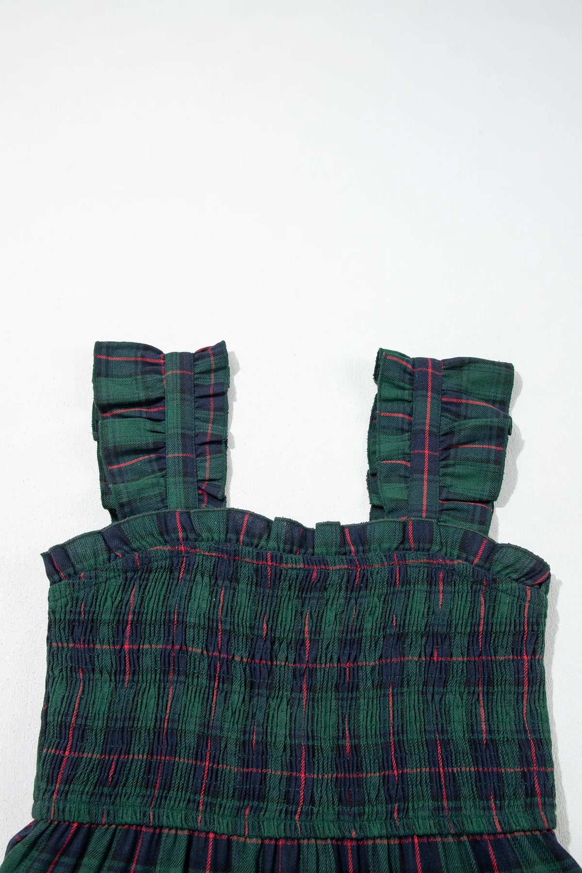 Plaid Ruffle Sleeveless Shirred Bodice Tiered Midi Dress – Green