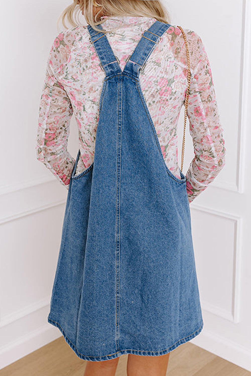 Medium Grey Wide Strap Button Front Pocketed Denim Mini Dress eAura