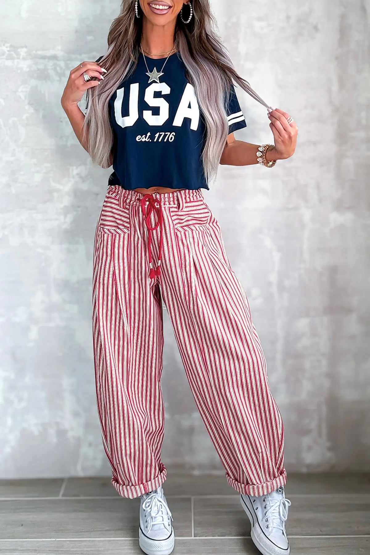 Drawstring Casual Loose Pants – Red Stripe