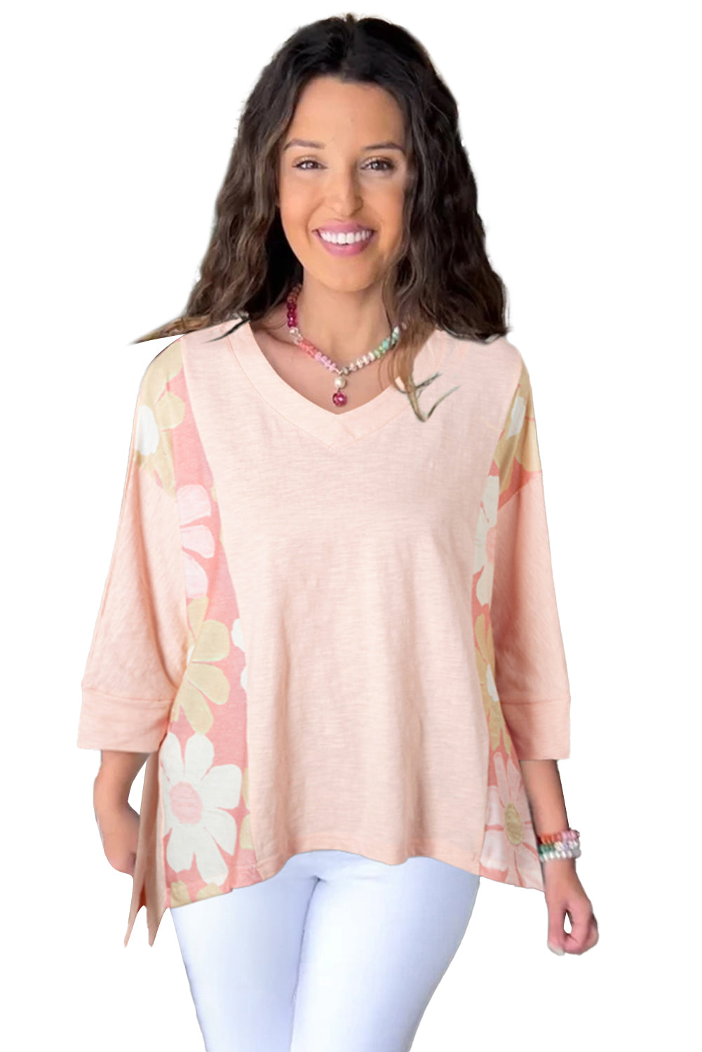 Pink Flower Patchwork Exposed Seam Oversized High Low Top eAura