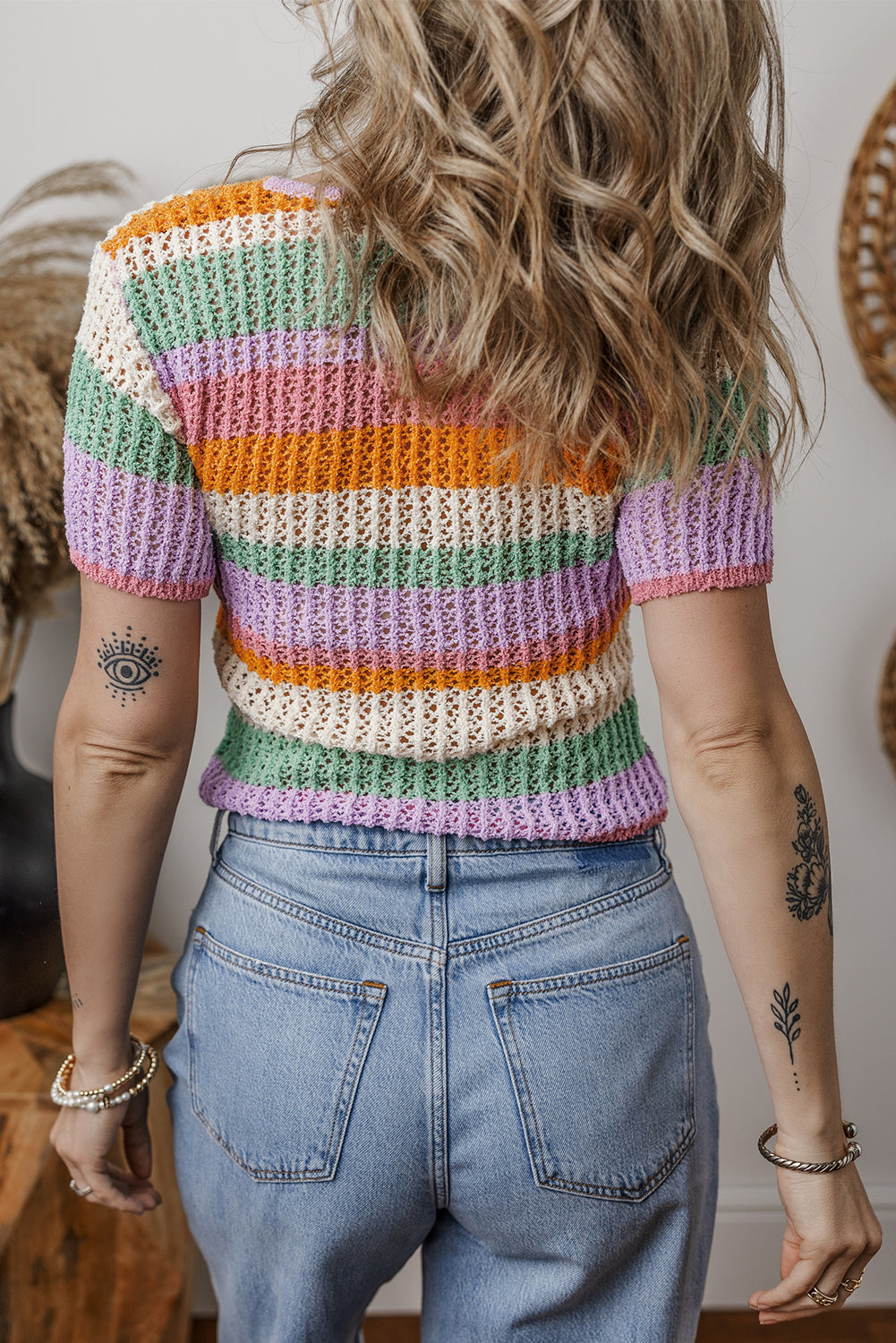 Orange Colourblock Striped Pointelle Knit V Neck Buttoned Crop Short Sleeve Sweater eAura