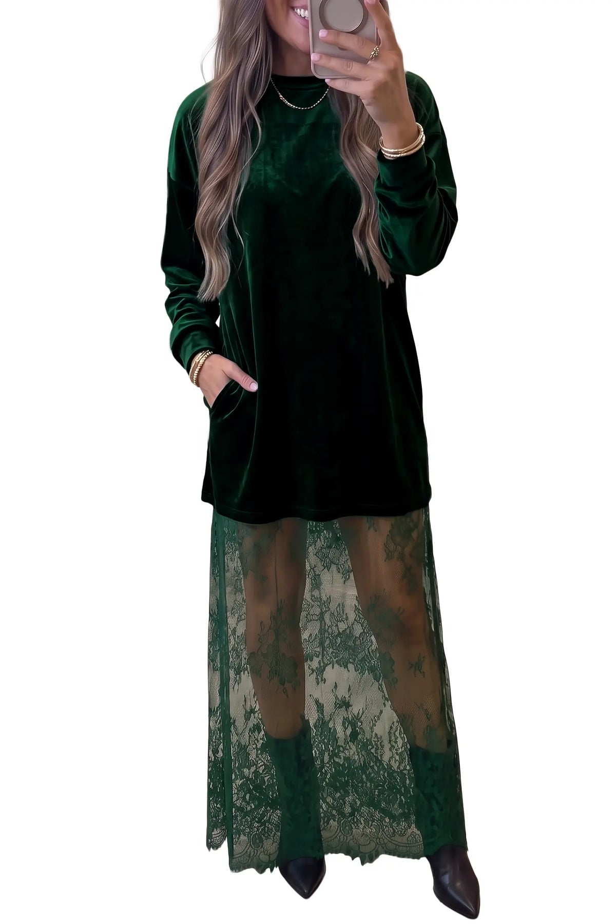 Velvet Long Sleeve Lace Splicing Hem Shift Maxi Dress