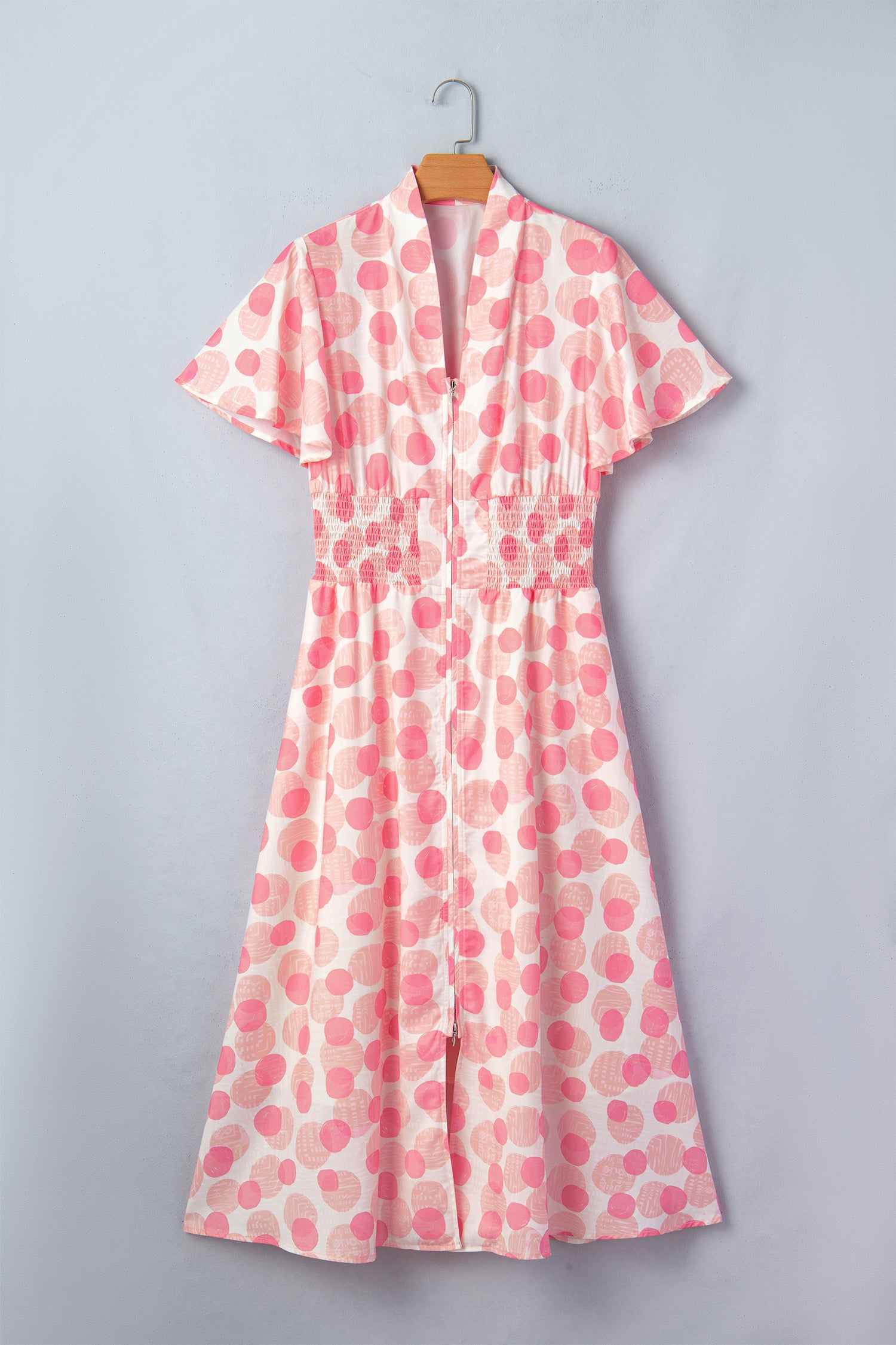 Pink Polka Dot Printed Ruffle Short Sleeve Zip Up Long Dress