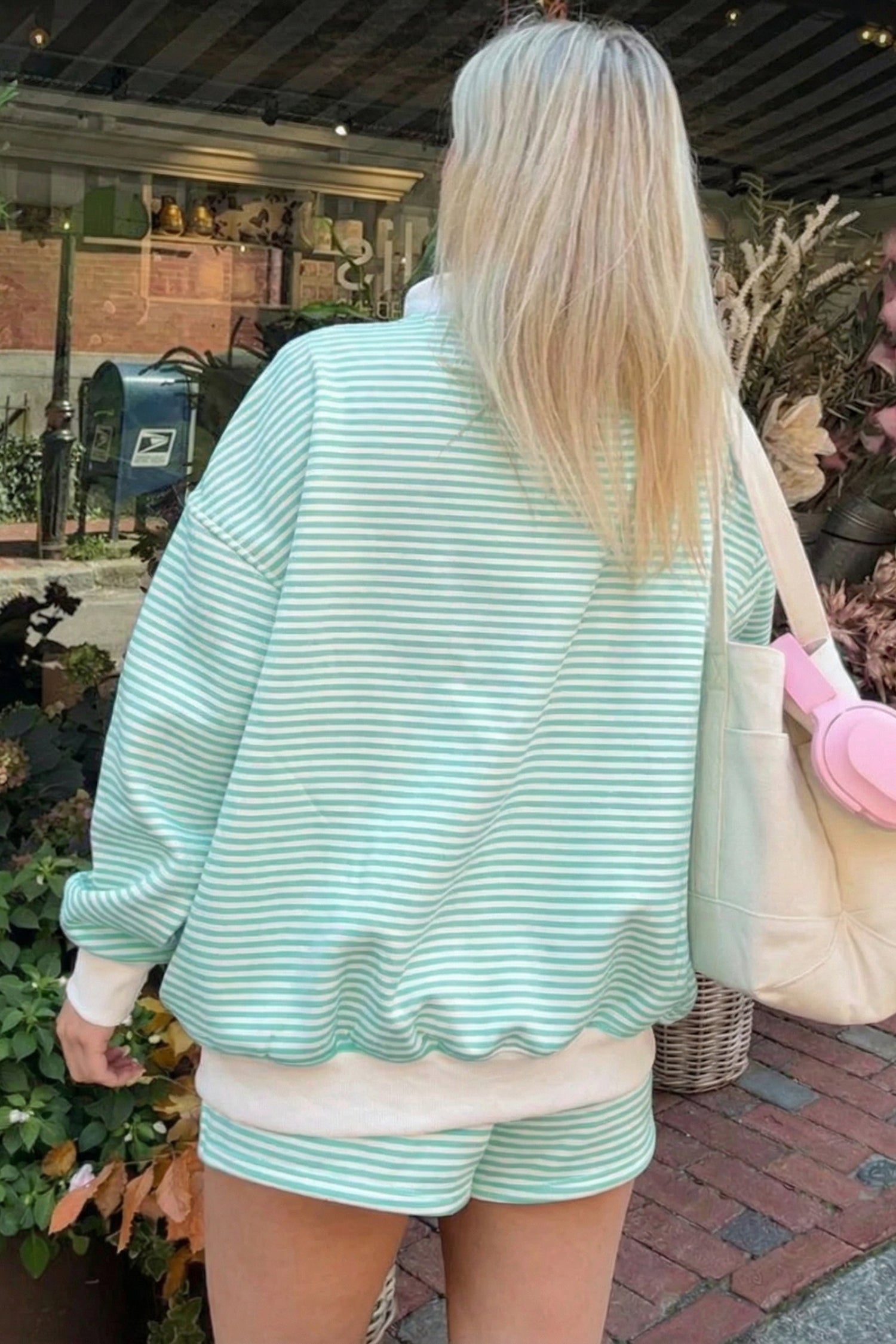 Stripe Oversize Mock Neck Sweatshirt and Shorts Set