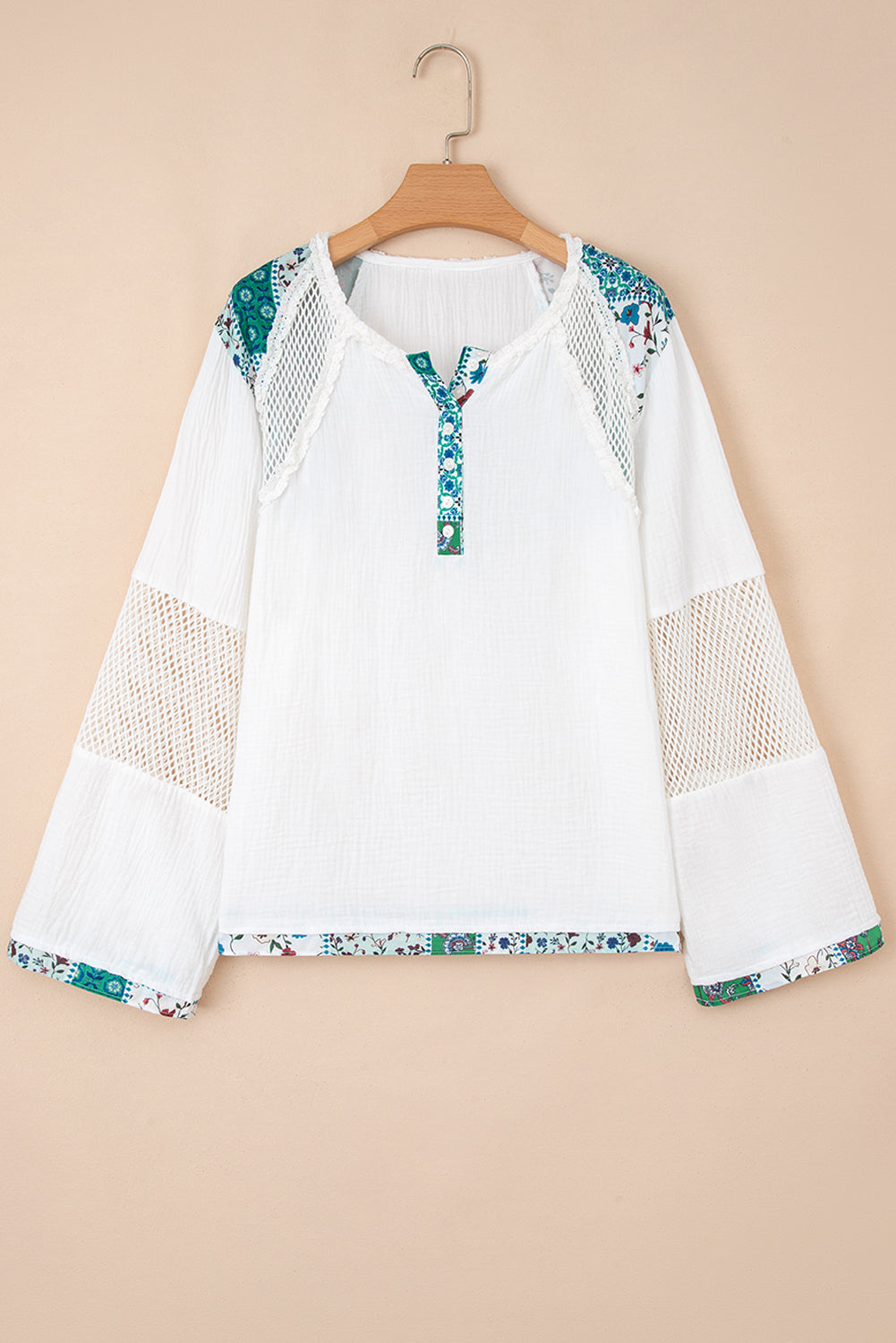 White Mesh Patched Half Button Blouse - eAura