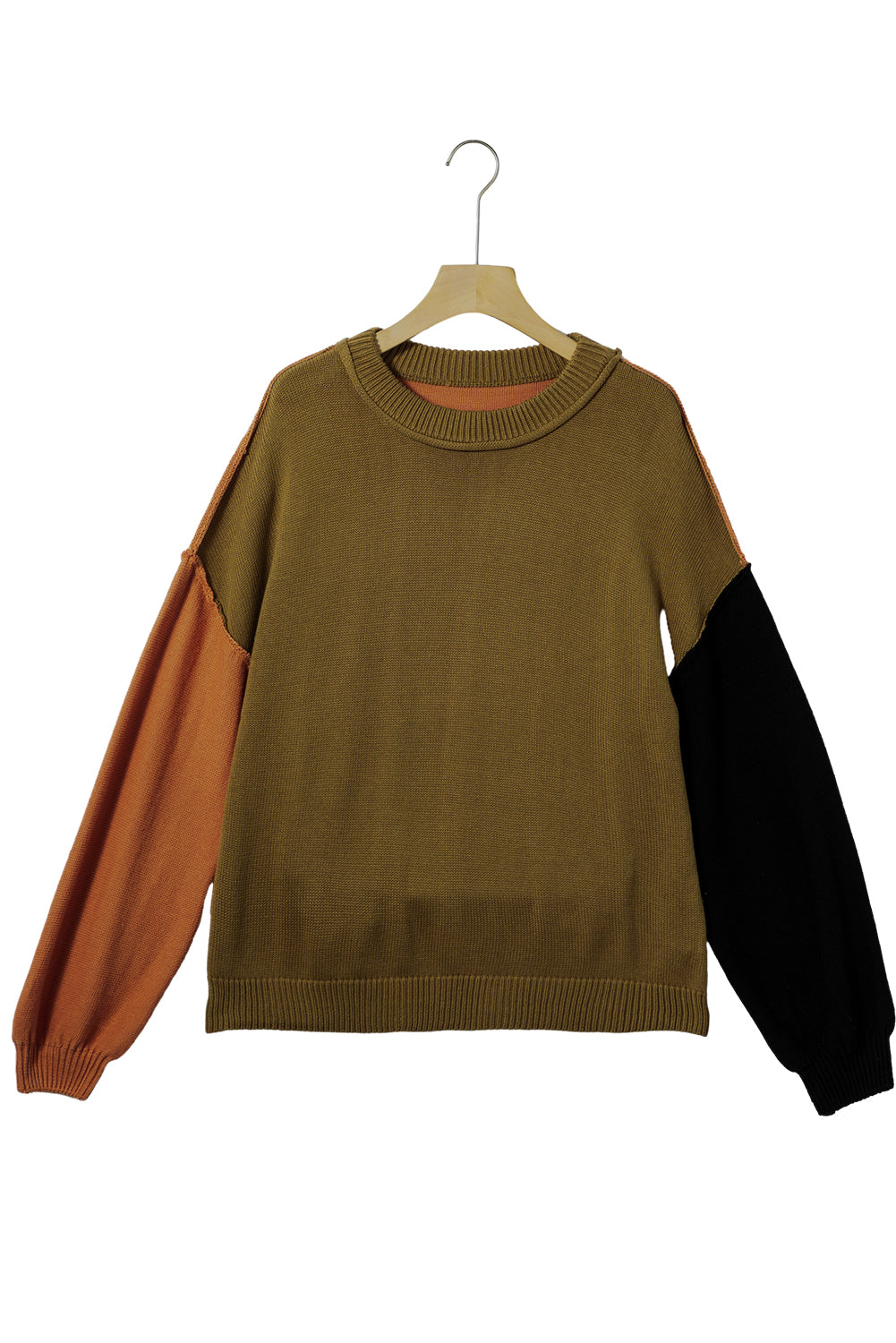 Pink Colourblock Bishop Sleeve Ribbed Trim Sweater eAura