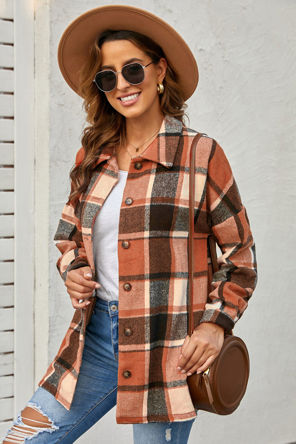 Plaid Print Buttoned Shirt Jacket Beagle Boutique Fashion Outlet