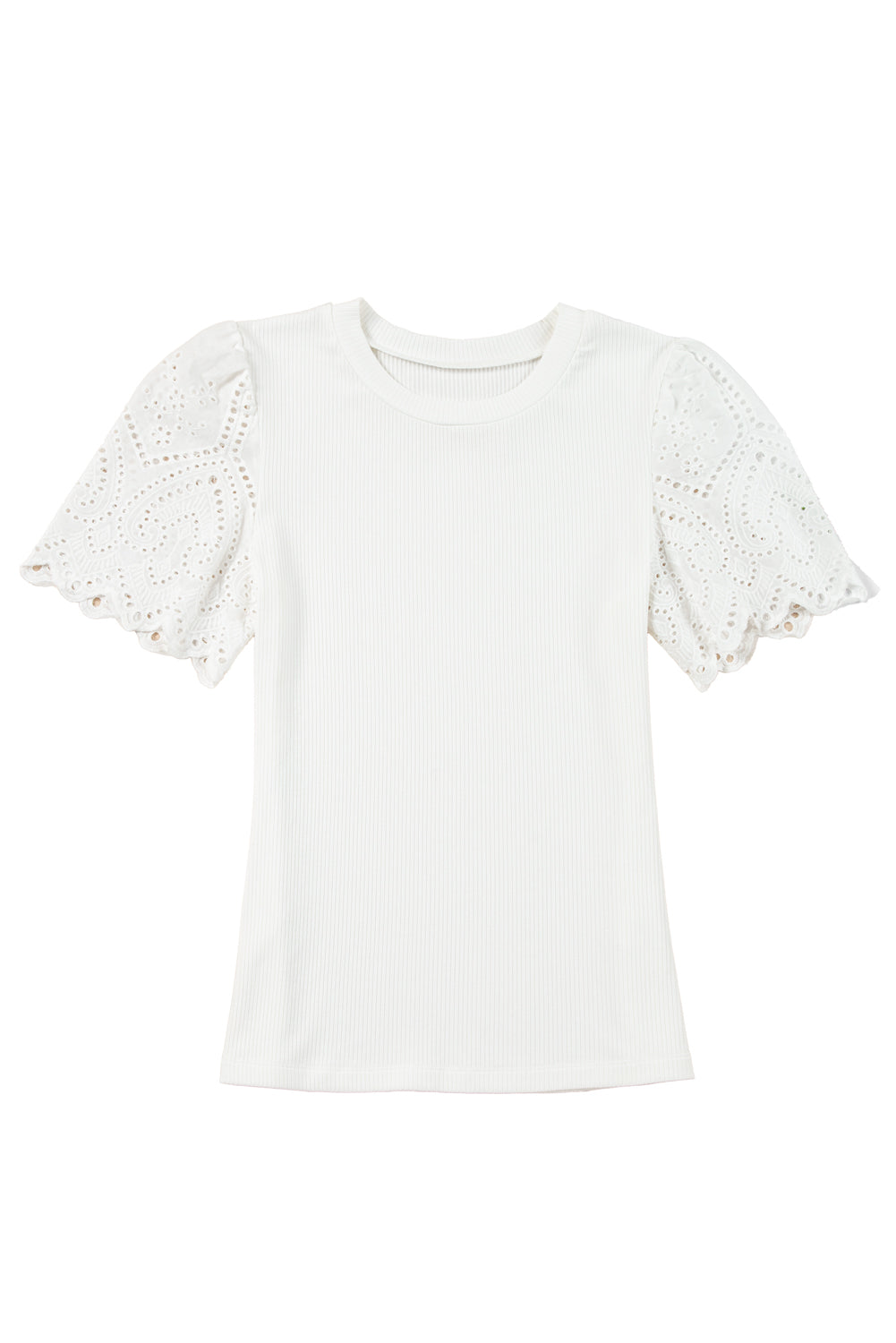 White Eyelet Pattern Short Sleeve Patchwork Ribbed Top eAura