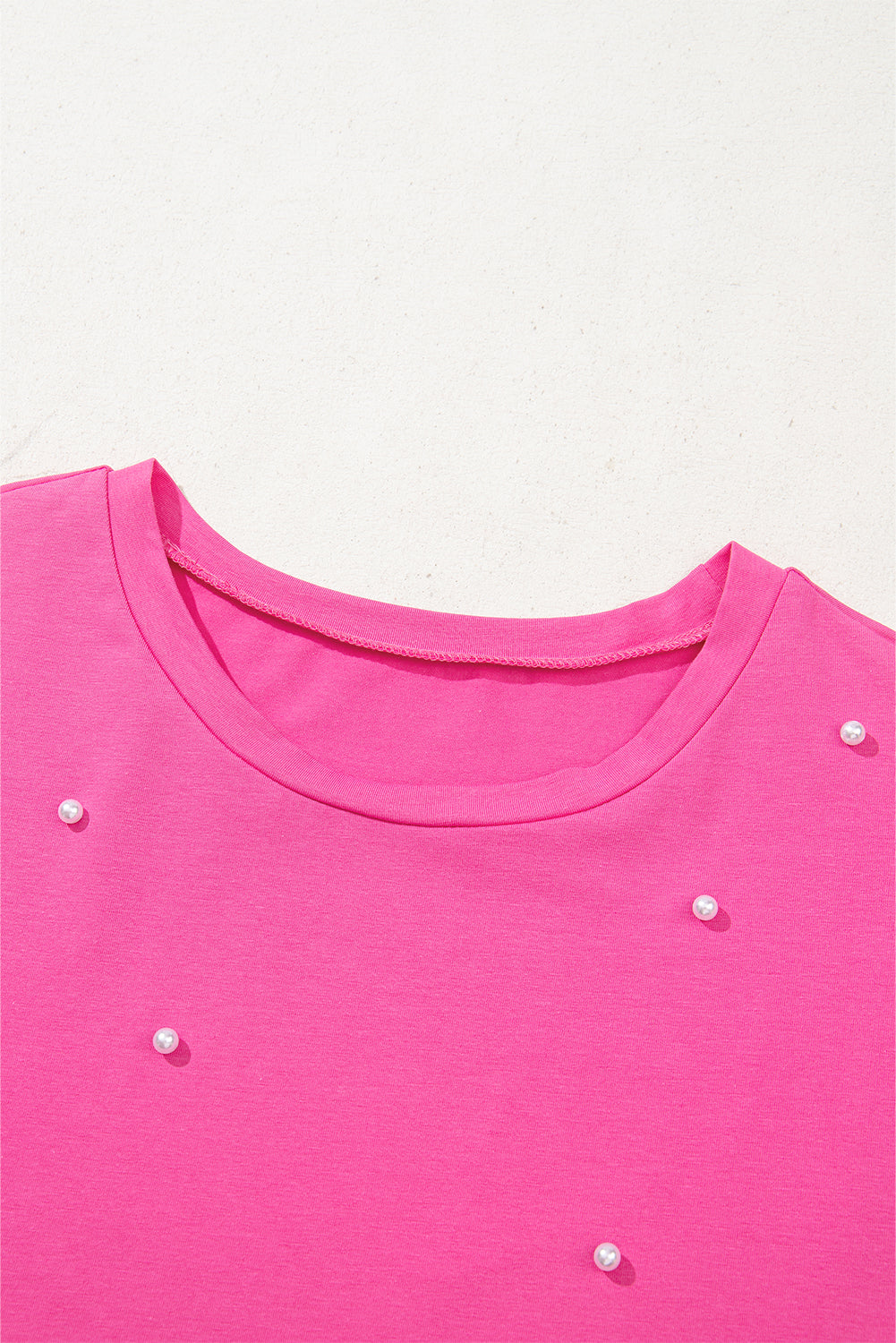 Bright Pink Pearl Beaded Drop Shoulder Crewneck T Shirt - eAura