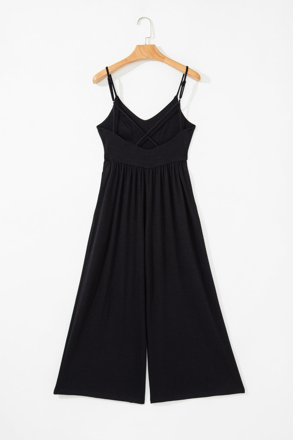 Black Spaghetti Straps Open Back Pleated Wide Leg Jumpsuit eAura