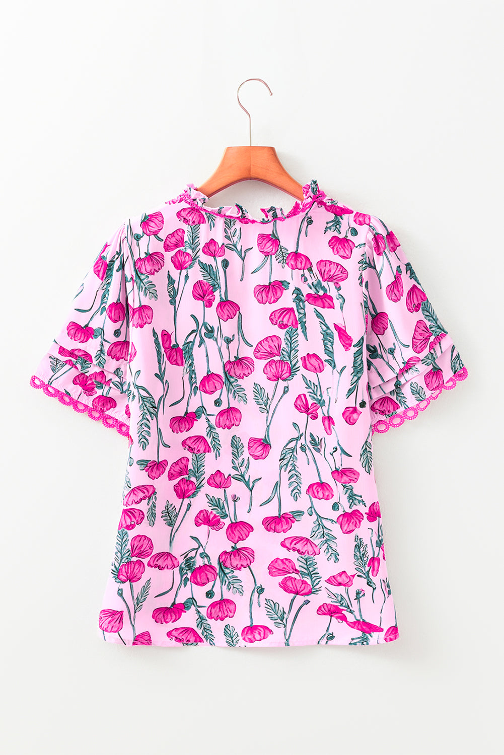 Pink Floral Lace Detail Frilled V Neck Summer Blouse Dear-Lover Dropshipping