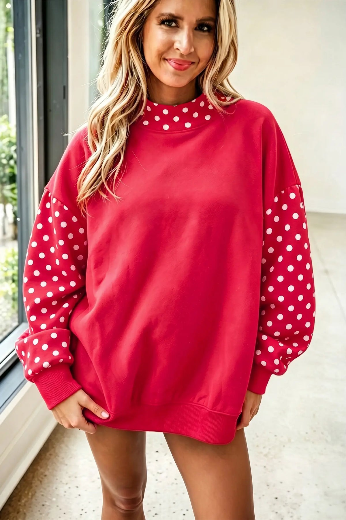 Baggy Sweatshirt Polka Dot Contrast Long Sleeve