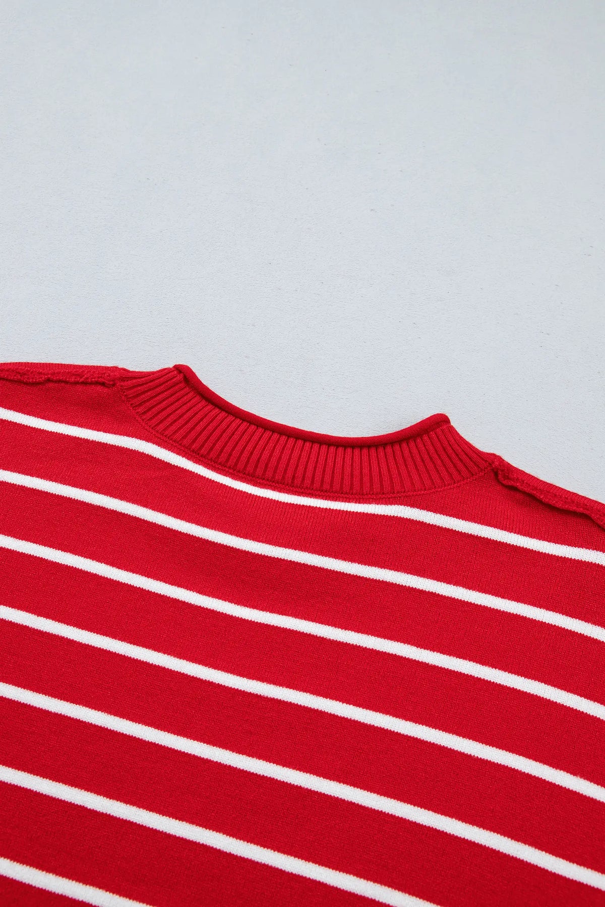 Dropped Shoulder Half Sleeve Relaxed Knit Sweater – Red Stripe