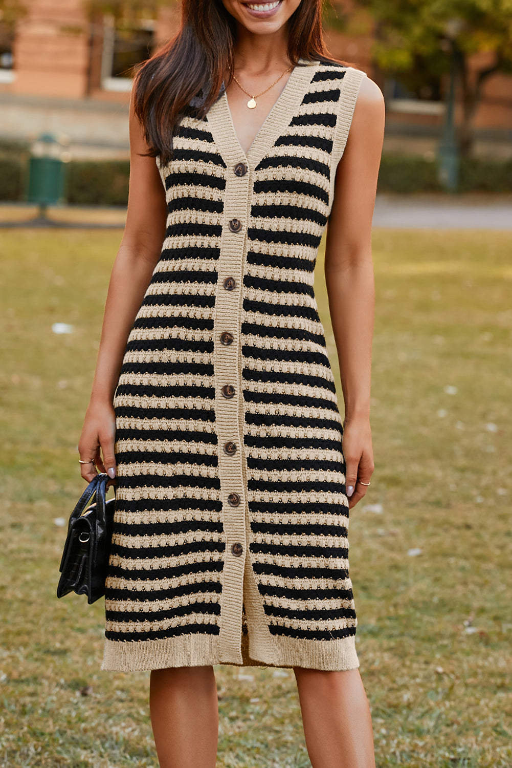 Buttoned Front Pencil Midi Sleeveless Sweater Dress - eAura