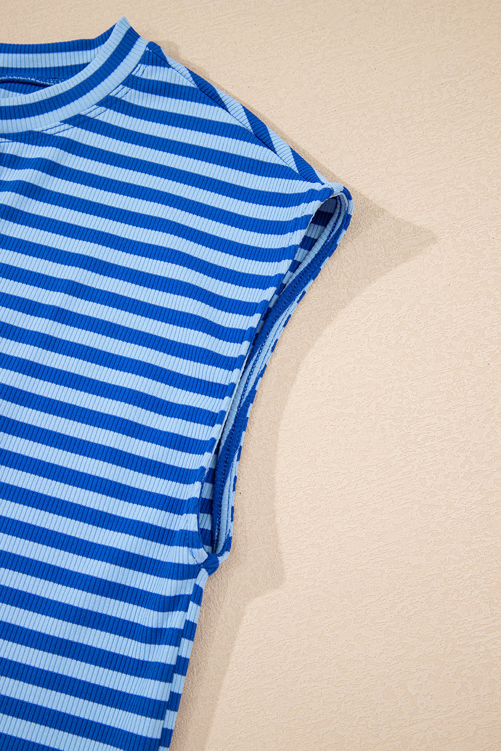 Blue Stripe Ribbed Cap Sleeve Round Neck T-Shirt eAura