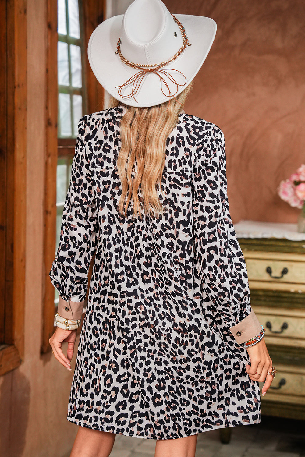 Leopard Print Patchwork Collar Flowy Mini Dress