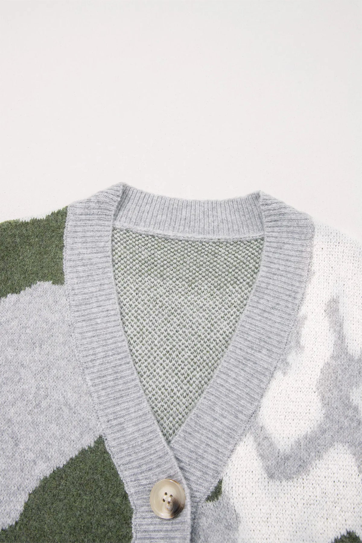 Camouflage Drop Shoulder V Neck Button Front Cardigan – Green