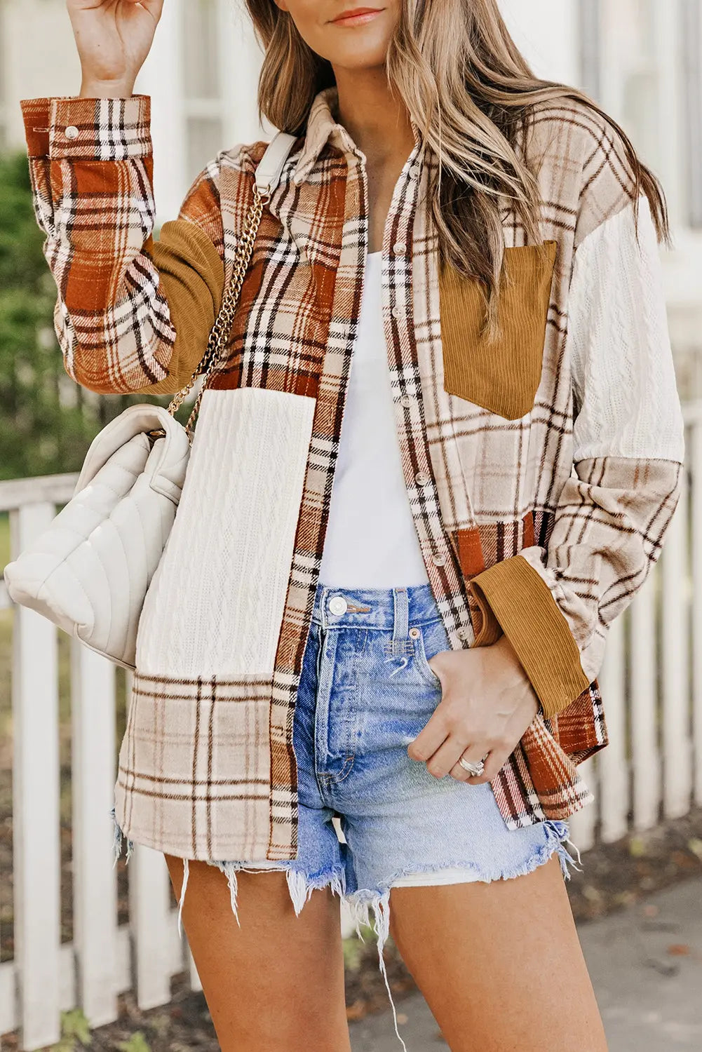 Orange Plaid Colour Block Patchwork Shirt Jacket with Pocket
