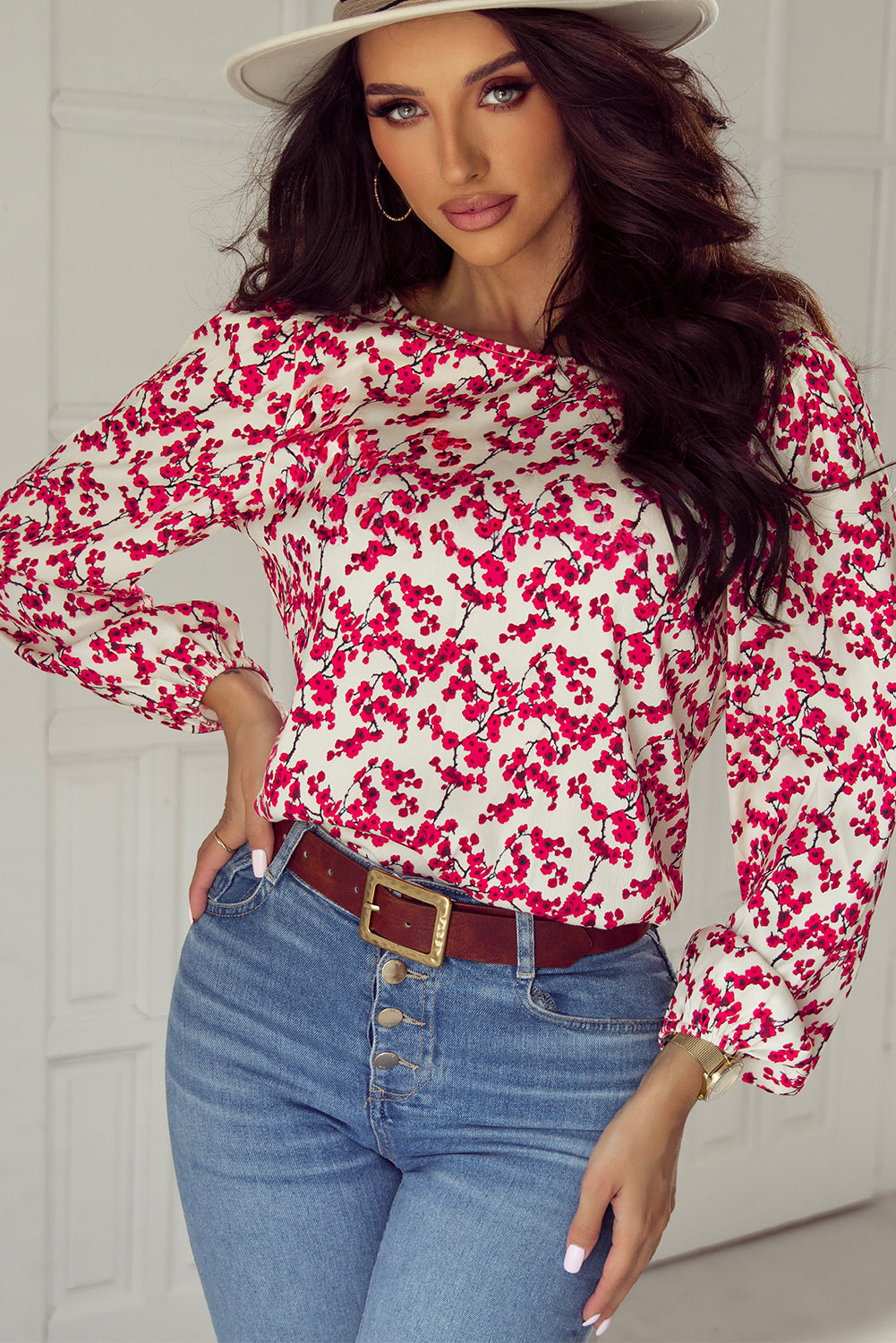 Red Floral Print Long Sleeve Open Back Blouse eAura