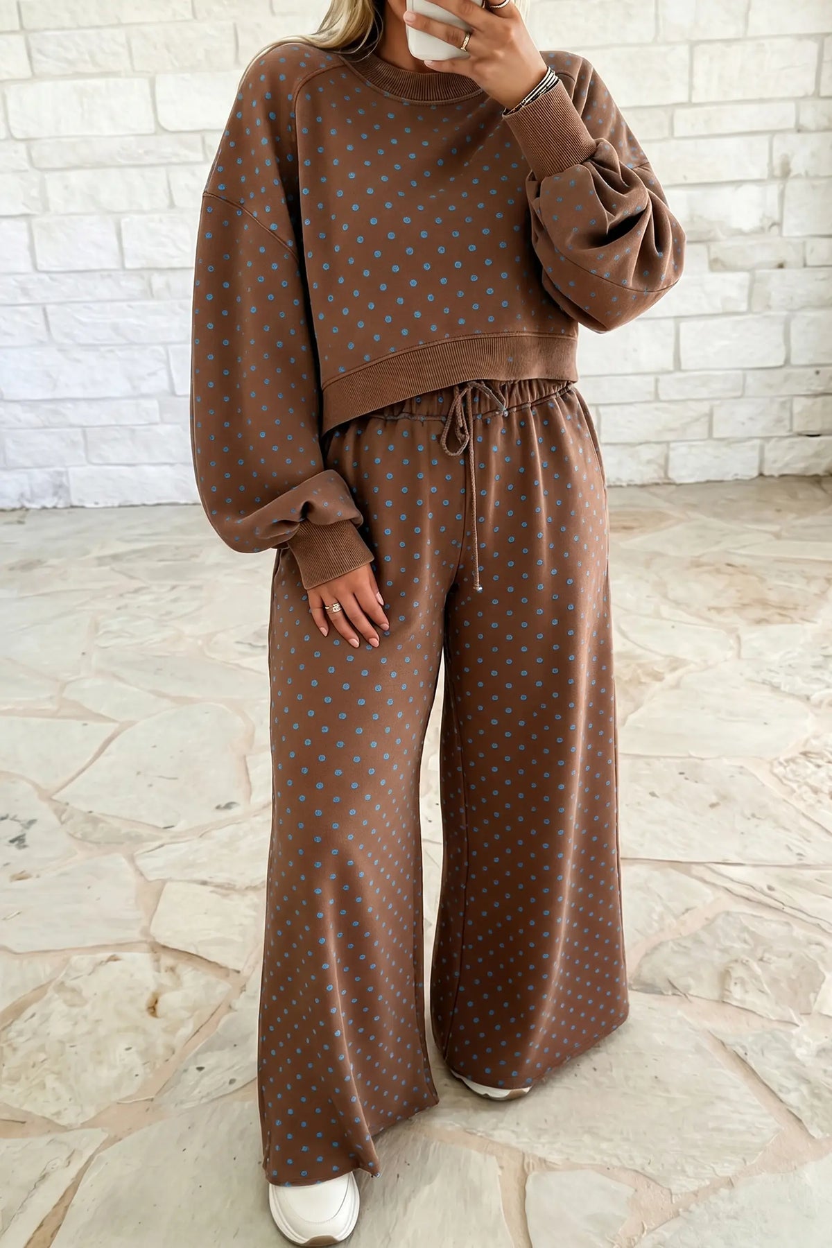 Polka Dot Round Neck Long Sleeve Plus Size Set – Brown